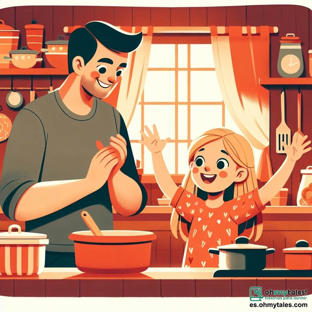 Une illustration destinée aux enfants représentant une petite fille joyeuse préparant une surprise pour sa maman avec l'aide de son papa, dans une cuisine colorée et chaleureuse remplie de pots et de casseroles.