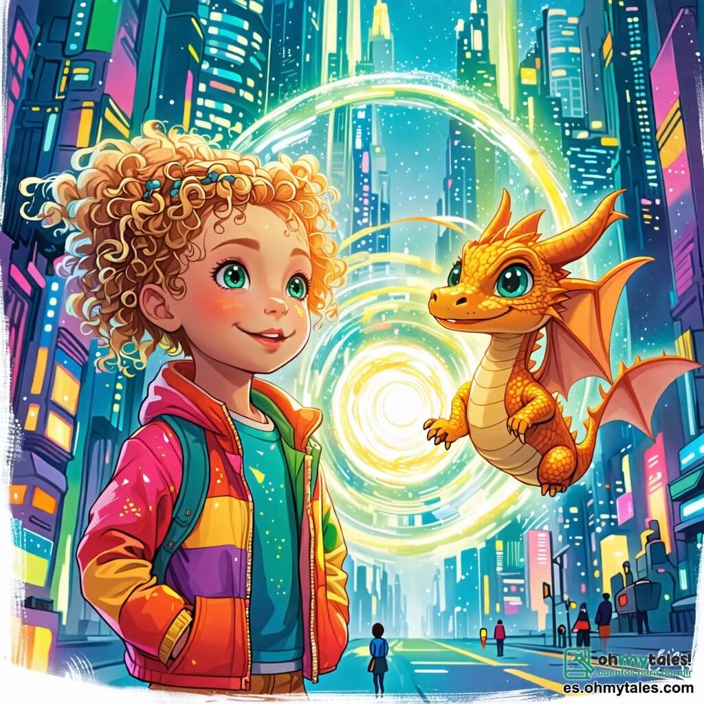 Une illustration sous forme de dessin destinée aux enfants représentant une ville futuriste éclatante avec des bâtiments scintillants et des lumières colorées, où une petite fille de 6 ans aux yeux brillants comme des émeraudes et aux cheveux dorés en boucles, vêtue d'une chaqueta colorée, se tient émerveillée devant un portail lumineux qui tourne, tandis qu'un petit dragon aux écailles dorées, flottant à ses côtés, sourit et l'encourage à explorer ce monde magique rempli de couleurs vives et de créatures fantastiques.