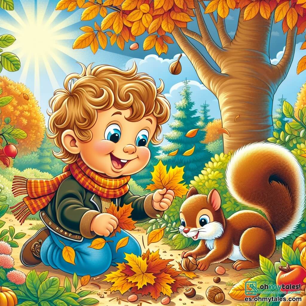 Une illustration sous forme de dessin destinée aux enfants représentant un jardin d'automne aux feuilles dorées et orangées, avec un petit garçon de 1 an aux cheveux bouclés et aux yeux pétillants, souriant joyeusement en ramassant des feuilles tombées, tandis qu'une petite ardille aux poils bruns et à la queue touffue s'affaire à rassembler des noix à ses pieds, le tout sous un ciel ensoleillé, illustrant la magie de l'automne et la découverte des merveilles de la nature.