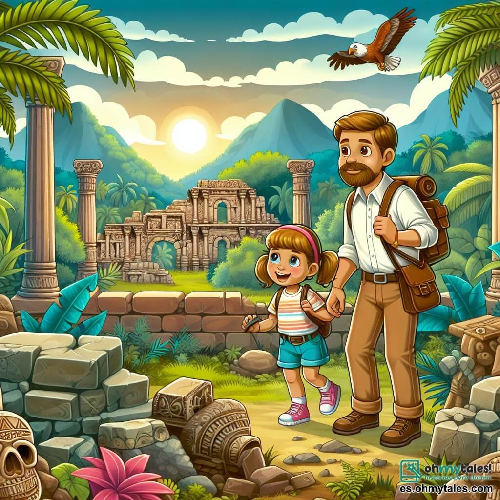Une illustration destinée aux enfants représentant un archeologue passionné, accompagné de sa fille, une fillette curieuse de 4 ans, explorant un site archéologique mystérieux et ancien, entouré de ruines antiques et de végétation luxuriante, dans le village pittoresque de Villa Antigua.