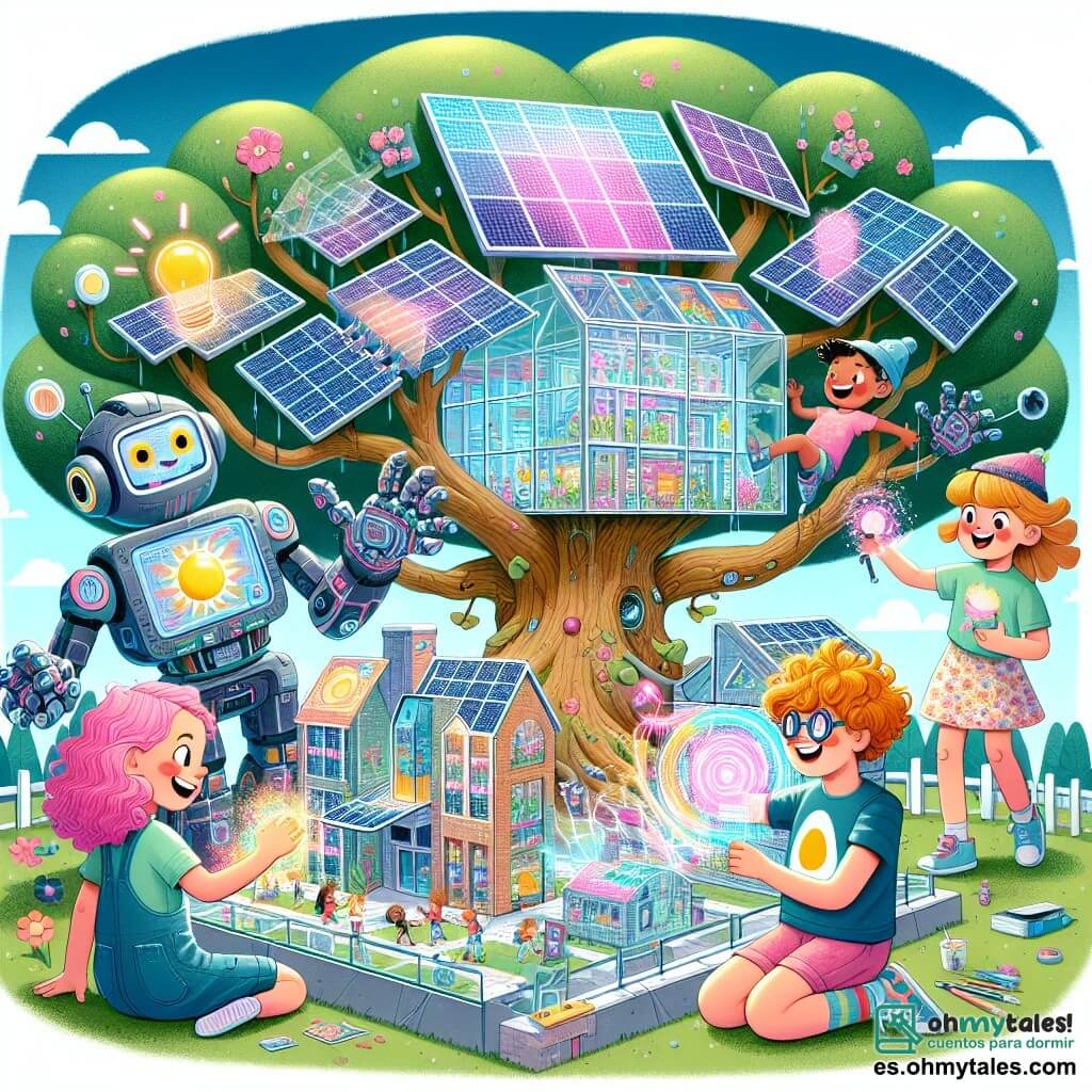 Une illustration sous forme de dessin destinée aux enfants représentant une école futuriste construite dans un arbre géant, avec des murs en verre et des panneaux solaires scintillants, où un groupe d'enfants de 7 ans, composé de deux filles aux cheveux bouclés et colorés, l'une en t-shirt avec un coquetier et l'autre en robe à motifs floraux, ainsi qu'un garçon aux lunettes rondes et à la casquette, s'amusent à construire une maquette de maison fonctionnant à l'énergie solaire, tandis qu'un robot amical, avec un sourire lumineux et des bras articulés, les aide en projetant des hologrammes colorés autour d'eux, créant une atmosphère joyeuse et imaginative.