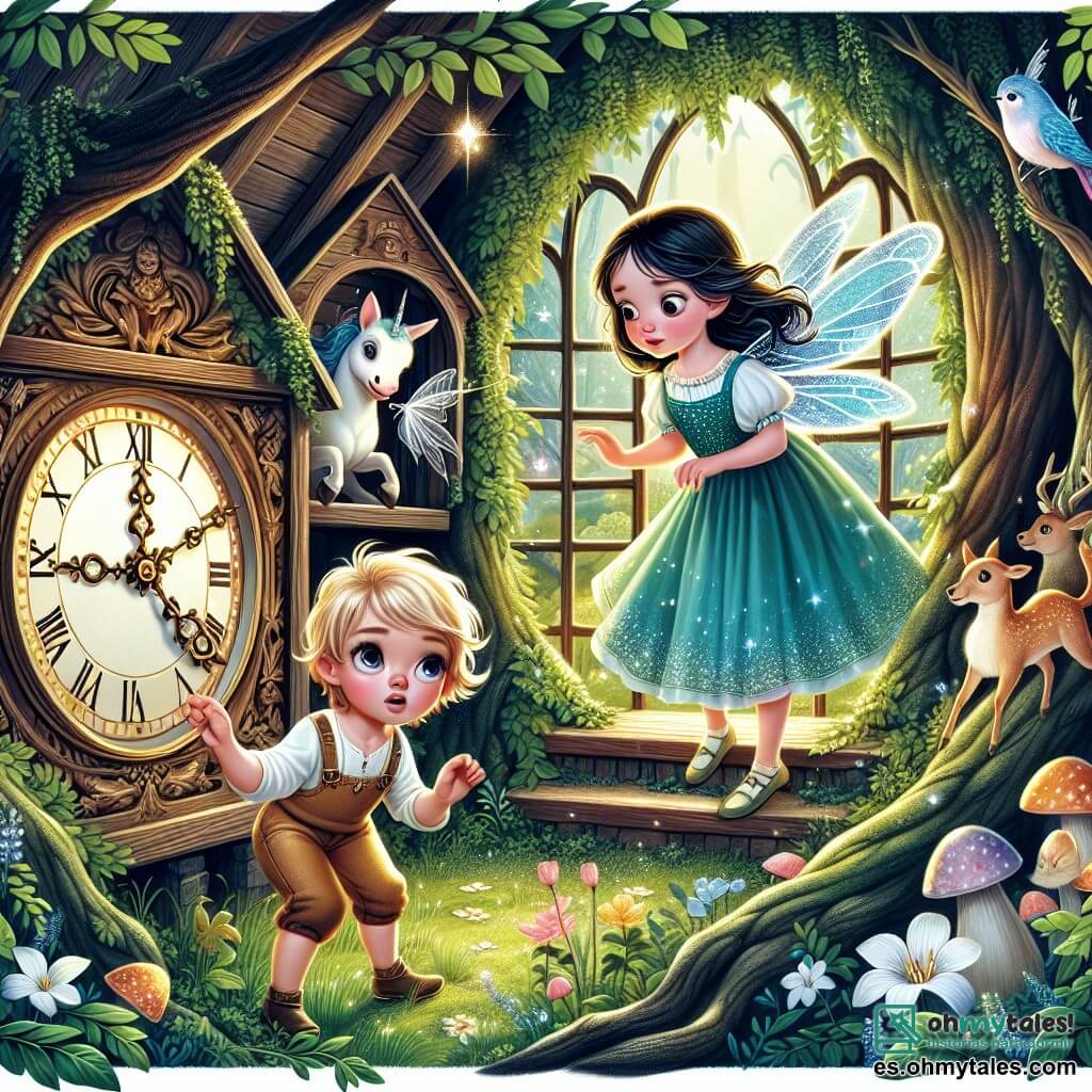 Une illustration destinée aux enfants représentant une fillette curieuse découvrant un mystérieux reloj magique dans son grenier, accompagnée d'une fée étincelante, dans un prado verdoyant entouré d'arbres majestueux et de créatures fantastiques.