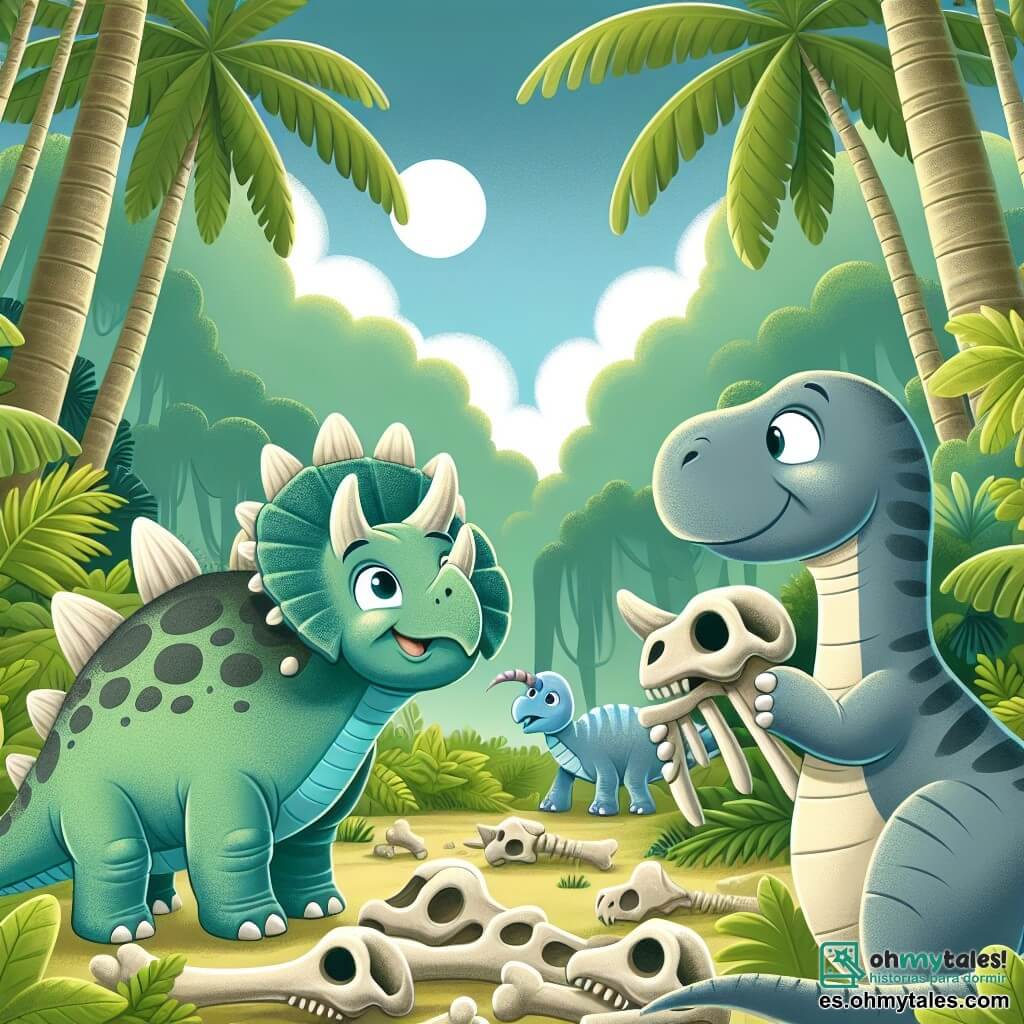 Une illustration destinée aux enfants représentant un charmant diplodocus curieux découvrant des os de dinosaures fossilisés en compagnie d'un triceratops enthousiaste, dans une jungle préhistorique luxuriante et mystérieuse.