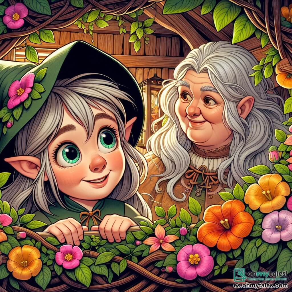 Une illustration destinée aux enfants représentant une apprentie sorcière curieuse et espiègle, accompagnée de sa maestra aux longs cheveux argentés, dans une cabaña couverte d'enredaderas et de fleurs brillantes du bosque encantado d'Aldeaventura.