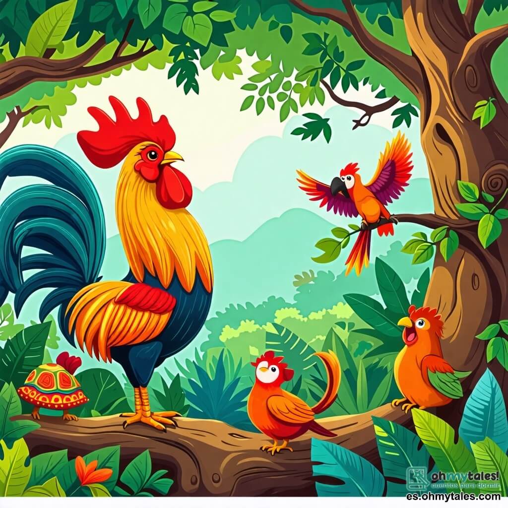 Ilustración que representa una jungla vibrante y colorida, con árboles majestuosos de troncos gruesos y hojas exuberantes de diferentes tonos de verde. En el centro de la escena, un gallo de plumas rojas brillantes se erige orgullosamente sobre un tronco de árbol, con su cresta alta y flameante como una pequeña montaña. Canta alegremente, con las alas ligeramente extendidas, creando un ambiente festivo. Alrededor de él, varios animales lo escuchan con asombro: una tortuga con un caparazón decorado con patrones coloridos, que sonríe asintiendo, y un loro de plumas multicolores, posado en una rama, que aplaude con entusiasmo. Un mono travieso, con pelaje marrón y ojos chispeantes, hace piruetas en el aire, añadiendo dinamismo a la escena. La situación principal muestra al gallo liderando una fiesta nocturna en la jungla, rodeado de sus amigos animales, todos bailando y riendo bajo un cielo estrellado, con luciérnagas iluminando el entorno con su suave luz. Elementos gráficos adicionales incluyen guirnaldas de flores colgando entre las ramas, frutas coloridas esparcidas por el suelo, y un fondo de montañas lejanas bajo la luz de la luna.