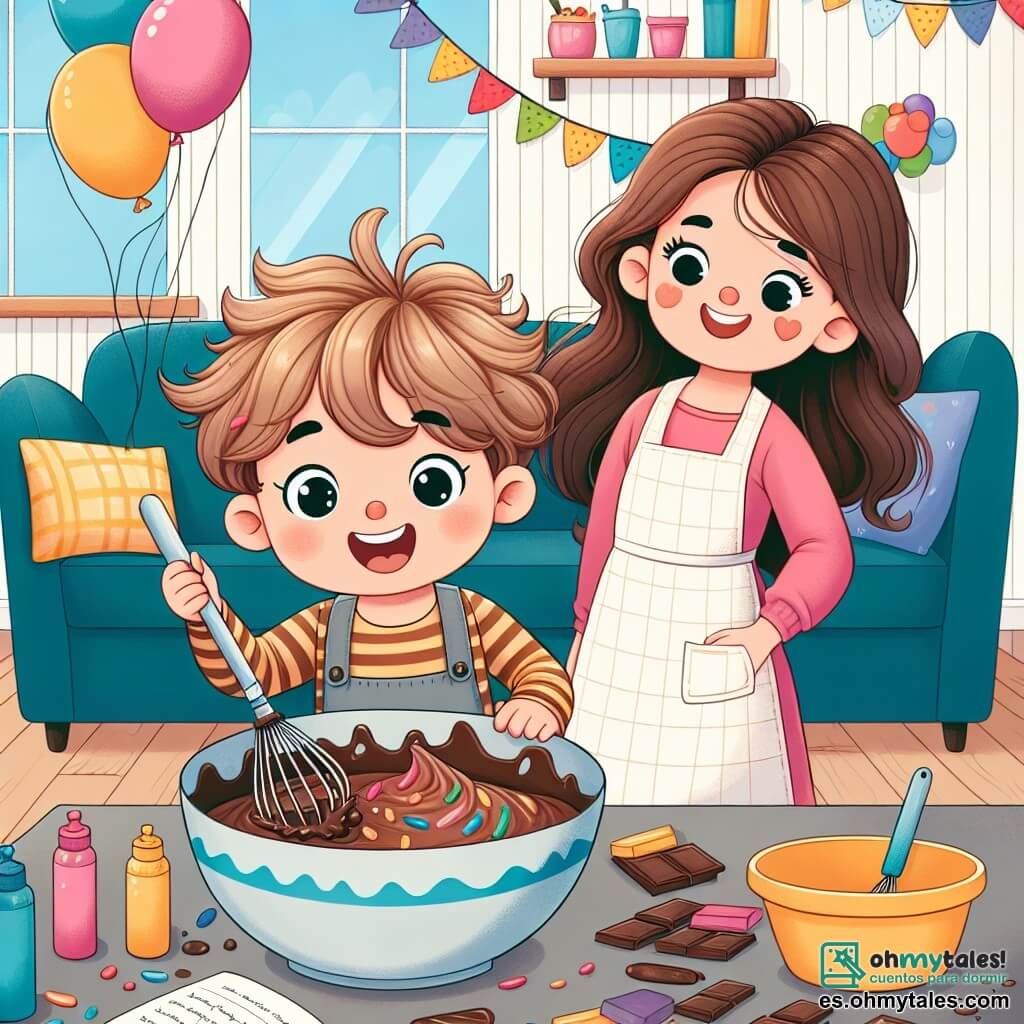 Une illustration sous forme de dessin destinée aux enfants représentant une cuisine chaleureuse et colorée, où un garçon de 3 ans aux grands yeux brillants et aux cheveux bouclés, souriant avec enthousiasme, est en train de mélanger une pâte à gâteau dans un grand bol, tandis qu'une femme, sa maman, aux cheveux longs et bruns, l'observe avec un sourire fier, décorant la pièce de ballons colorés pour une fête surprise de la fête des pères, avec un délicieux parfum de chocolat flottant dans l'air.