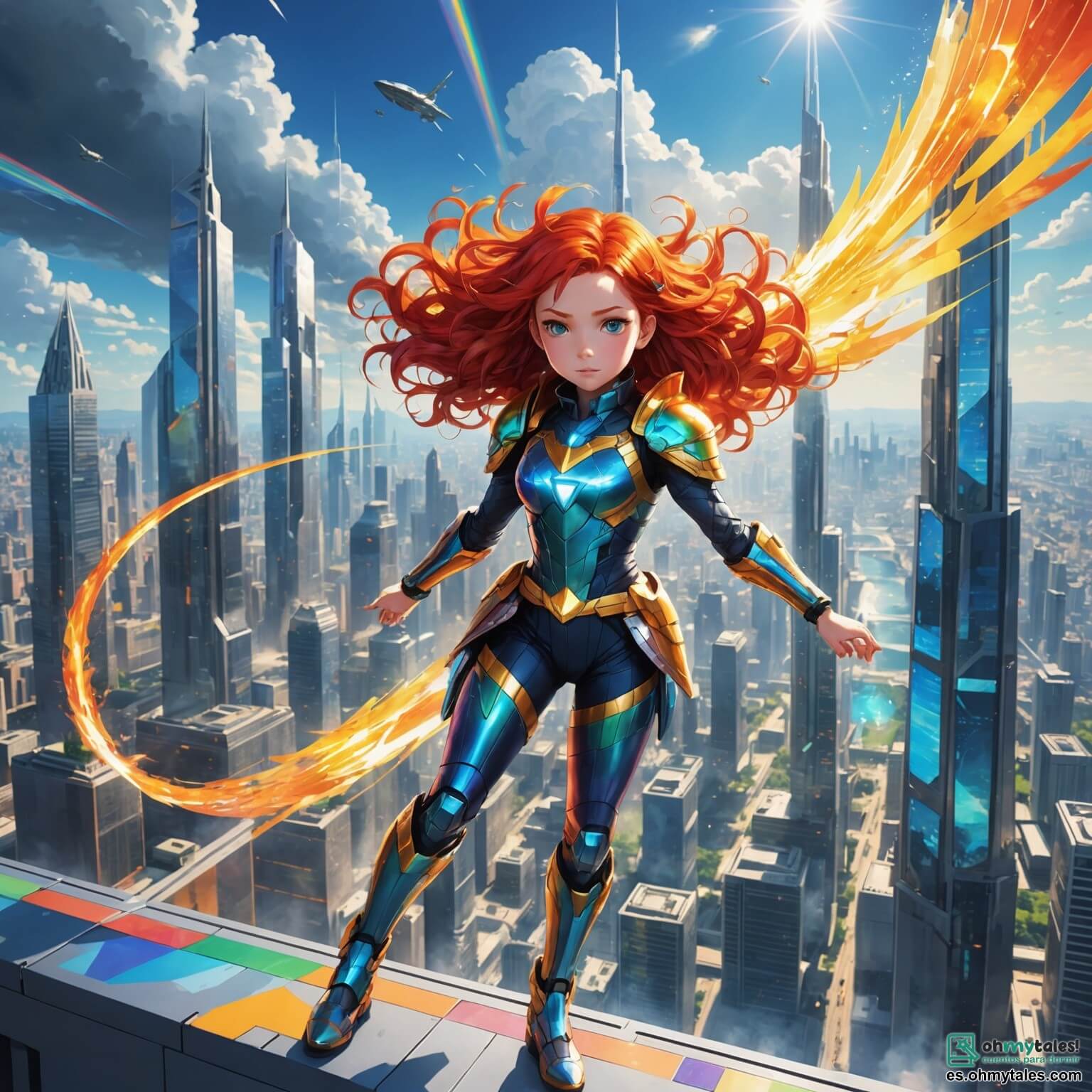 Une illustration destinée aux enfants représentant une jeune fille aux cheveux flamboyants comme les rayons du soleil, vêtue d'un costume scintillant aux couleurs de l'arc-en-ciel, qui s'élève majestueusement au-dessus d'une ville futuriste aux gratte-ciels en verre étincelant, où des nuages de lumière dansent dans le ciel azur, alors qu'elle se prépare à affronter un mystérieux ennemi aux ombres menaçantes, entourée de ses amis loyaux, un garçon à la chevelure ébouriffée et aux yeux pétillants de malice, et une fille à la voix douce comme une mélodie, tous deux prêts à l'aider dans sa quête pour sauver leur monde de l'obscurité qui menace de l'engloutir.