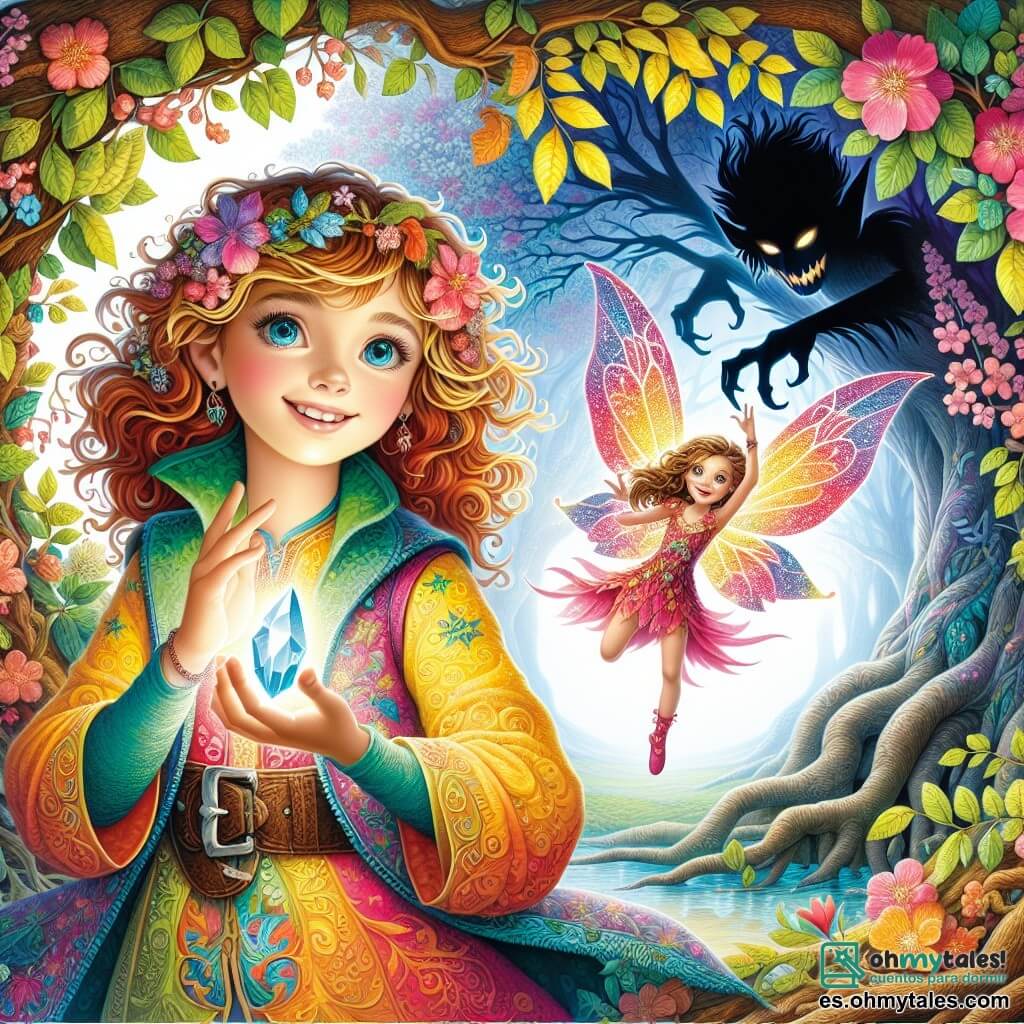 Une illustration sous forme de dessin destinée aux enfants représentant un magnifique et mystérieux forêt enchantée, avec des arbres majestueux aux feuilles colorées et des fleurs éclatantes, où se trouve une fille de 11 ans aux cheveux bouclés et aux yeux pétillants, vêtue d'une tunique colorée, tenant un cristal brillant dans sa main, entourée d'une petite fée aux ailes scintillantes, qui vole joyeusement à ses côtés, alors qu'elles s'apprêtent à affronter une ombre menaçante qui s'étend derrière elles, symbolisant leur courage et leur amitié dans cette aventure magique.