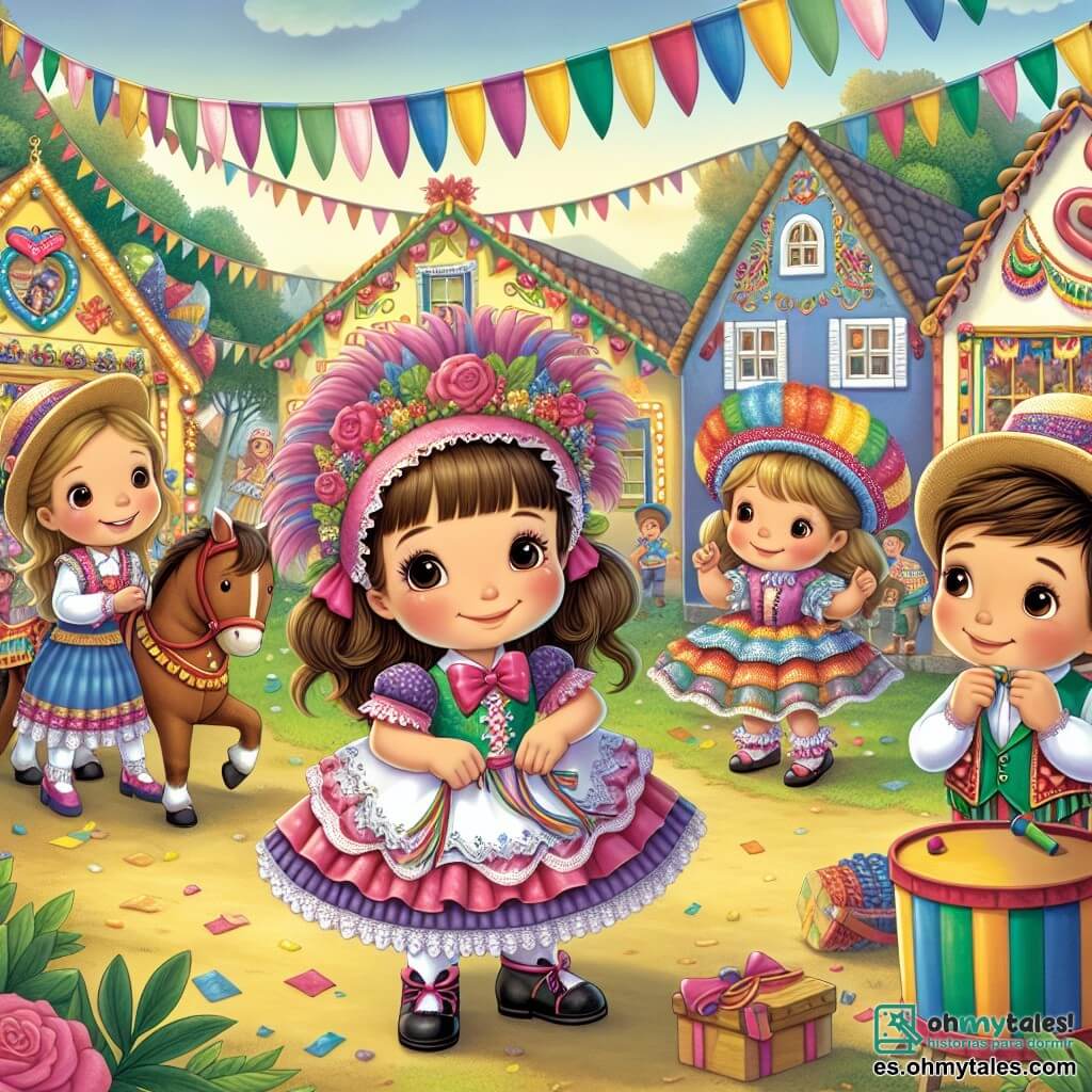 Une illustration destinée aux enfants représentant une fillette en train de se préparer pour le carnaval, accompagnée de ses amis, un garçon et une fille, dans le coloré et festif village d'Alegría.