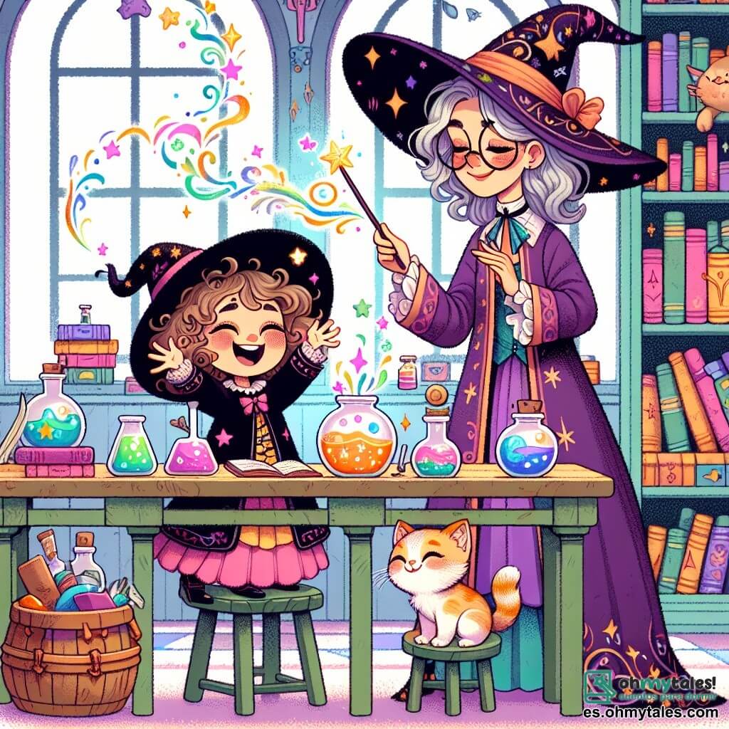 Une illustration sous forme de dessin destinée aux enfants représentant une salle de classe magique remplie de livres colorés et de potions brillantes, où une jeune apprentie sorcière aux cheveux bouclés et au grand chapeau noir, décoré de motifs étoilés, rit joyeusement en levant sa baguette magique, tandis qu'une petite chatte aux yeux pétillants, assise sur une table, joue avec des fleurs dansantes qui jaillissent du chapeau de la maîtresse, une femme souriante aux cheveux gris, qui porte un long manteau violet et observe la scène avec amusement, capturant l'instant où la magie prend une tournure inattendue et joyeuse.