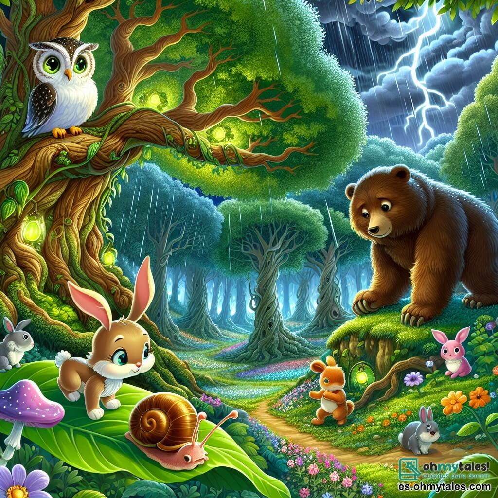 Ilustración que representa una escena mágica en un bosque encantado, donde grandes árboles con troncos retorcidos se elevan hacia el cielo, sus hojas de un verde brillante bailan al viento. En el suelo, una alfombra de flores coloridas florece, iluminando el paisaje con tonos vivos. En el centro de la imagen, un pequeño caracol con un caparazón brillante, similar a un diamante, avanza lentamente sobre una hoja verde, sus ojos curiosos escrutando su entorno. A su lado, un joven conejo de grandes orejas y pelaje suave, con ojos chispeantes de preocupación, salta en su lugar, listo para ayudar a su amigo. En el fondo, una lechuza sabia con plumas marrones y grandes ojos redondos observa la escena, posada en una rama, mientras un oso robusto, de pelaje marrón, se encuentra cerca, preparado para defender a sus amigos. La situación principal muestra al pequeño caracol y sus amigos preparándose para enfrentar una tormenta inminente, unidos en su determinación de encontrar un refugio seguro. Rayos iluminan el cielo oscuro, mientras las gotas de lluvia comienzan a caer, añadiendo un toque de urgencia a esta aventura amistosa.