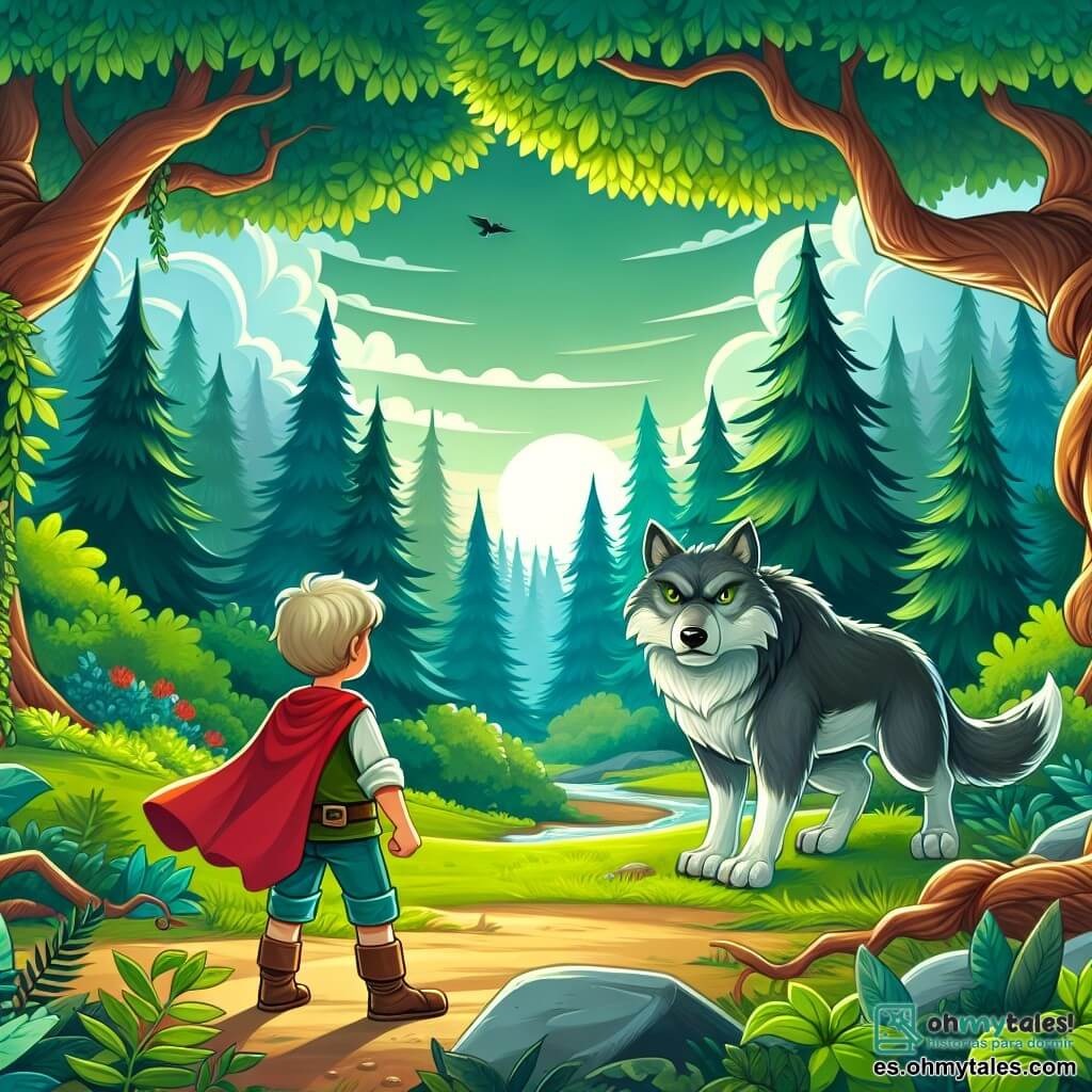 Une illustration destinée aux enfants représentant un courageux garçon face à un grand loup menaçant dans une clairière enchantée entourée de majestueux arbres verdoyants.
