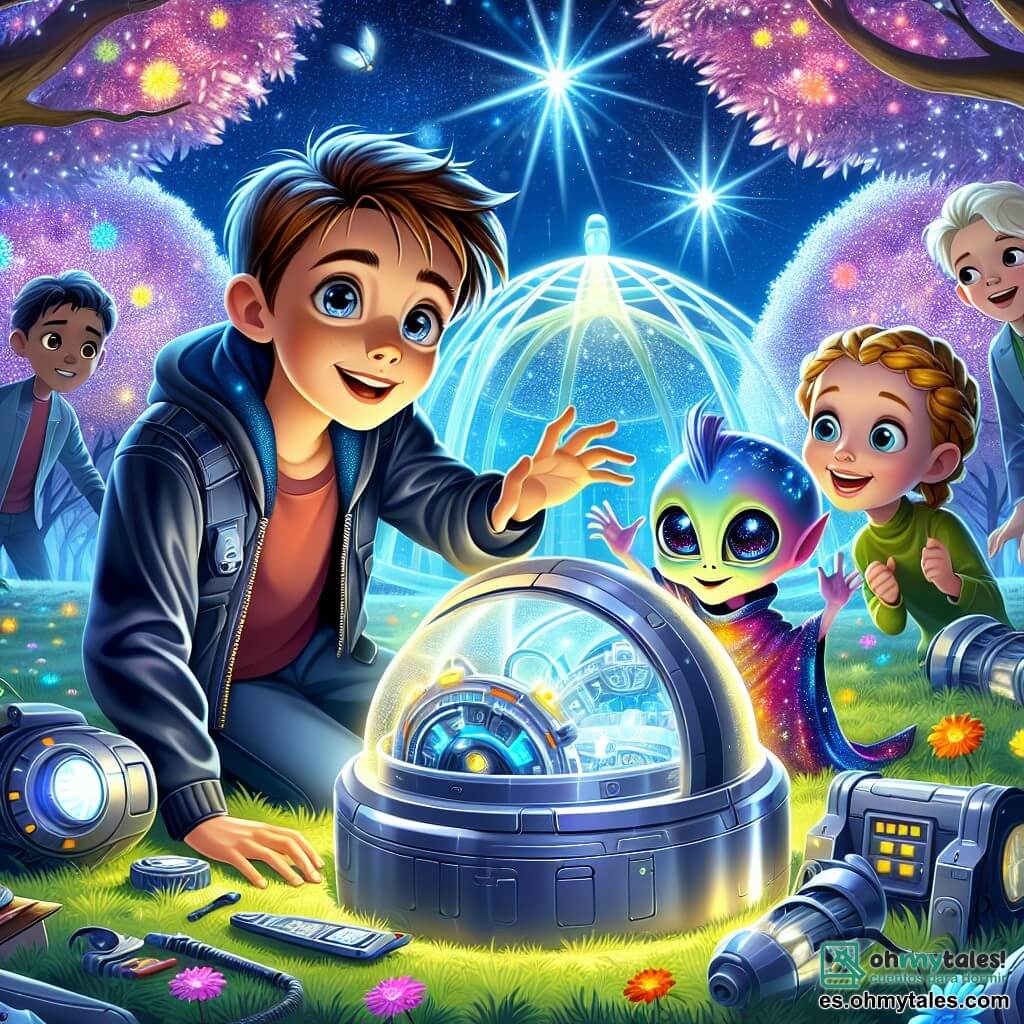 Ilustración que representa un parque futurista bañado de luz, con árboles de hojas brillantes y flores de colores vivos. En el centro, un niño de once años, con cabello castaño y ojos chispeantes, está inclinado sobre una cápsula metálica brillante, con la boca abierta de asombro. A su lado, una criatura extraterrestre de pequeña estatura, con piel azul brillante y grandes ojos centelleantes, sonríe con una expresión amigable, llevando una capa que cambia de color. Juntos, examinan la cápsula abierta, rodeados de gadgets futuristas y herramientas esparcidas. Al fondo, otros niños curiosos, un niño rubio y una niña con trenzas, los observan con rostros maravillados, creando una atmósfera de exploración y amistad intergaláctica. Estrellas brillantes comienzan a aparecer en el cielo, añadiendo un toque mágico a la escena.