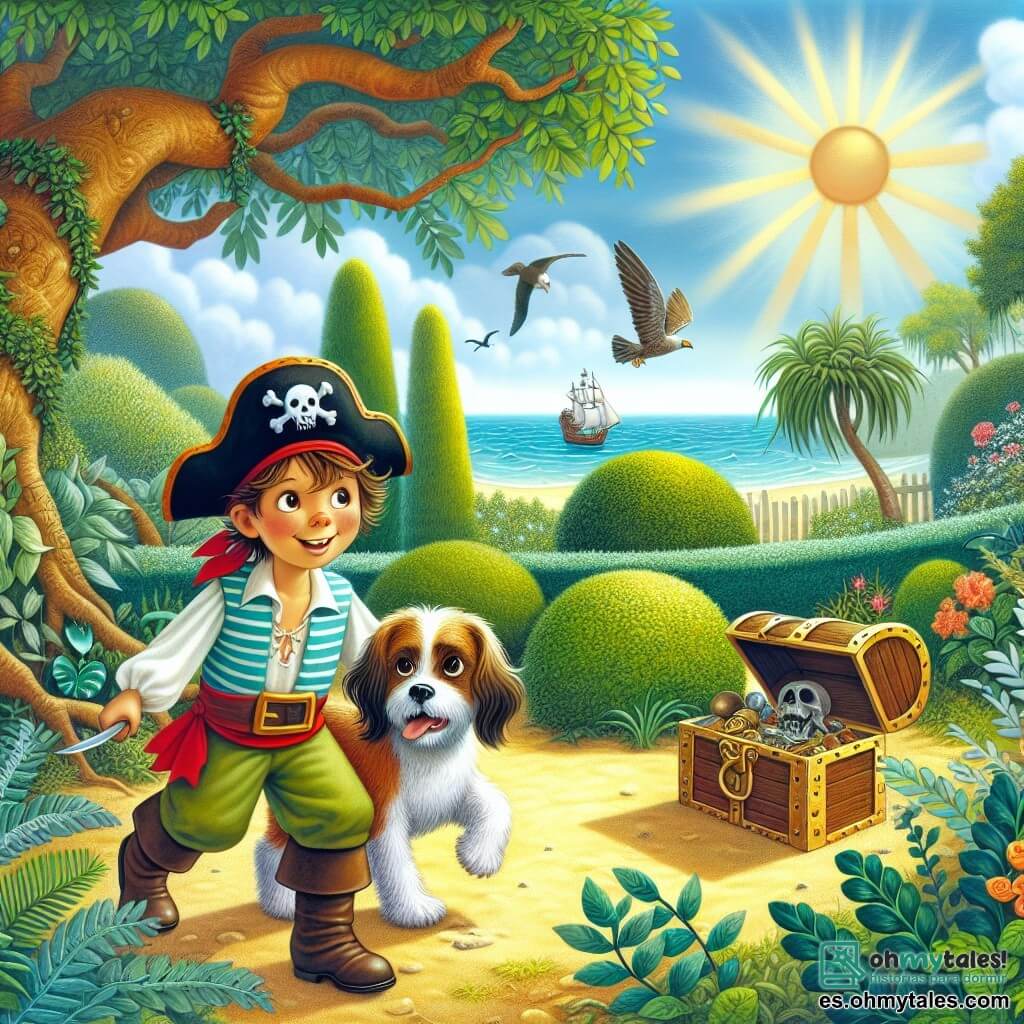 Une illustration destinée aux enfants représentant un petit garçon imaginatif en costume de pirate, accompagné de son fidèle chien Max déguisé lui aussi, explorant un jardin transformé en océan avec des arbustes hauts et un vieux roble cachant un mystérieux coffre au trésor, le tout baigné par un soleil d'été radieux.