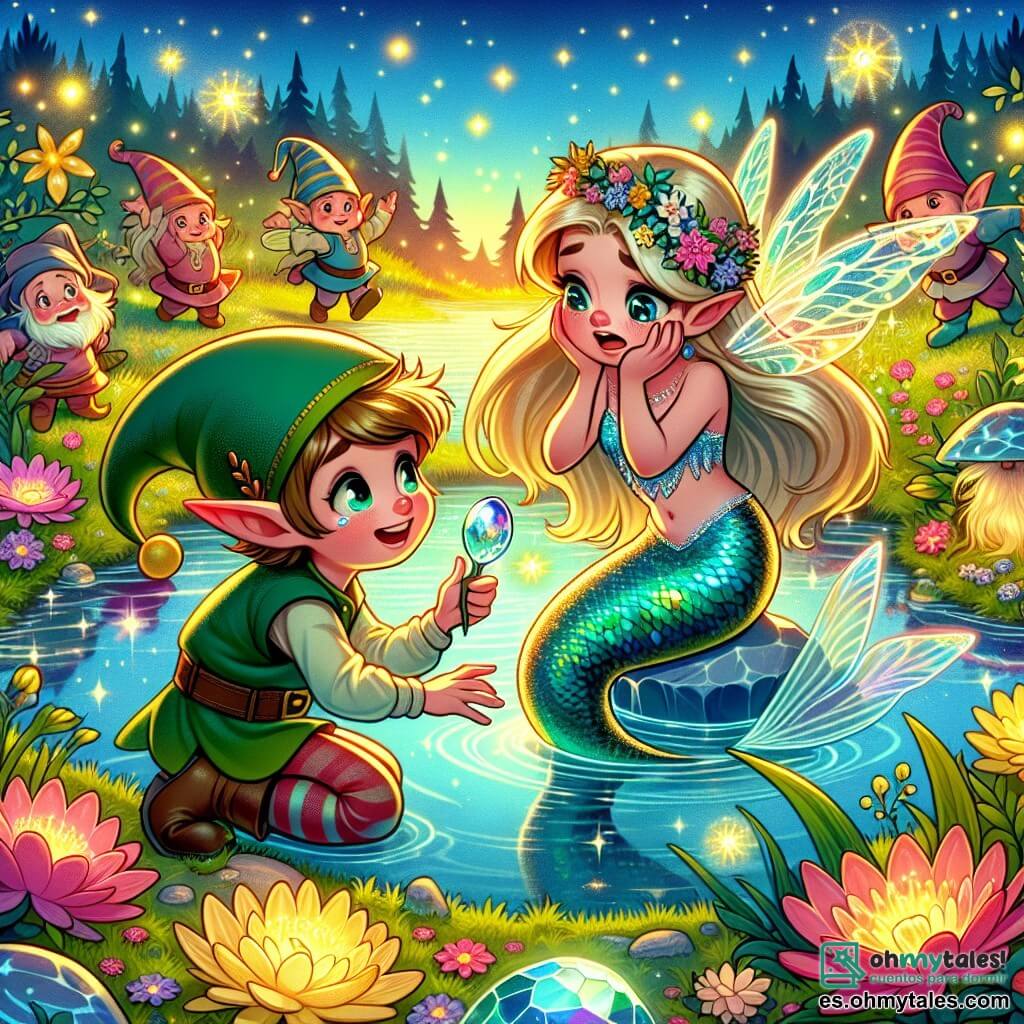 Une illustration sous forme de dessin destinée aux enfants représentant un marjal magique, baigné de couleurs vives et de lumière dorée, où un lutin garçon à la petite barbe verte et au chapeau pointu, s'agenouille près d'une charca de cristal, tentant de libérer une sirène aux écailles iridescentes, avec des larmes de tristesse dans les yeux, tandis qu'autour d'eux, des gnomes joyeux dansent parmi les fleurs éclatantes, et des luciérnagas illuminent la scène d'une douce lueur, symbolisant l'espoir et l'amitié dans leur quête pour sauver leur monde enchanté.