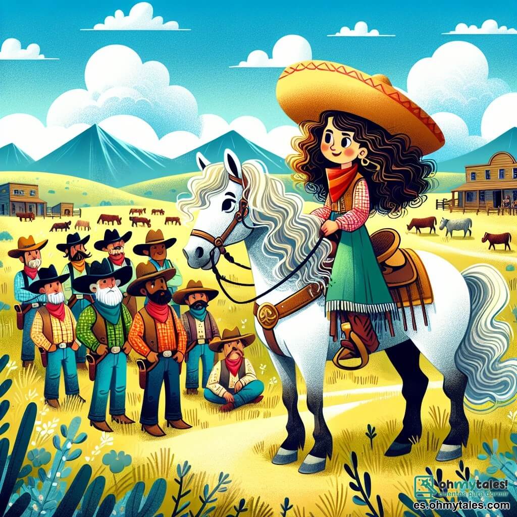 Une illustration sous forme de dessin destinée aux enfants représentant un vaste prairie ensoleillée de Dusty Creek, avec une cow-girl courageuse aux cheveux longs et bouclés, portant un grand sombrero et un foulard rouge, montant un magnifique cheval blanc, tandis qu'un groupe d'hommes du village, tous vêtus de chemises à carreaux et de chapeaux de cow-boy, se regroupe autour d'elle, écoutant attentivement son plan pour piéger des bandits qui menacent de voler leur bétail, avec des nuages blancs flottant dans un ciel bleu éclatant et des montagnes lointaines en arrière-plan.