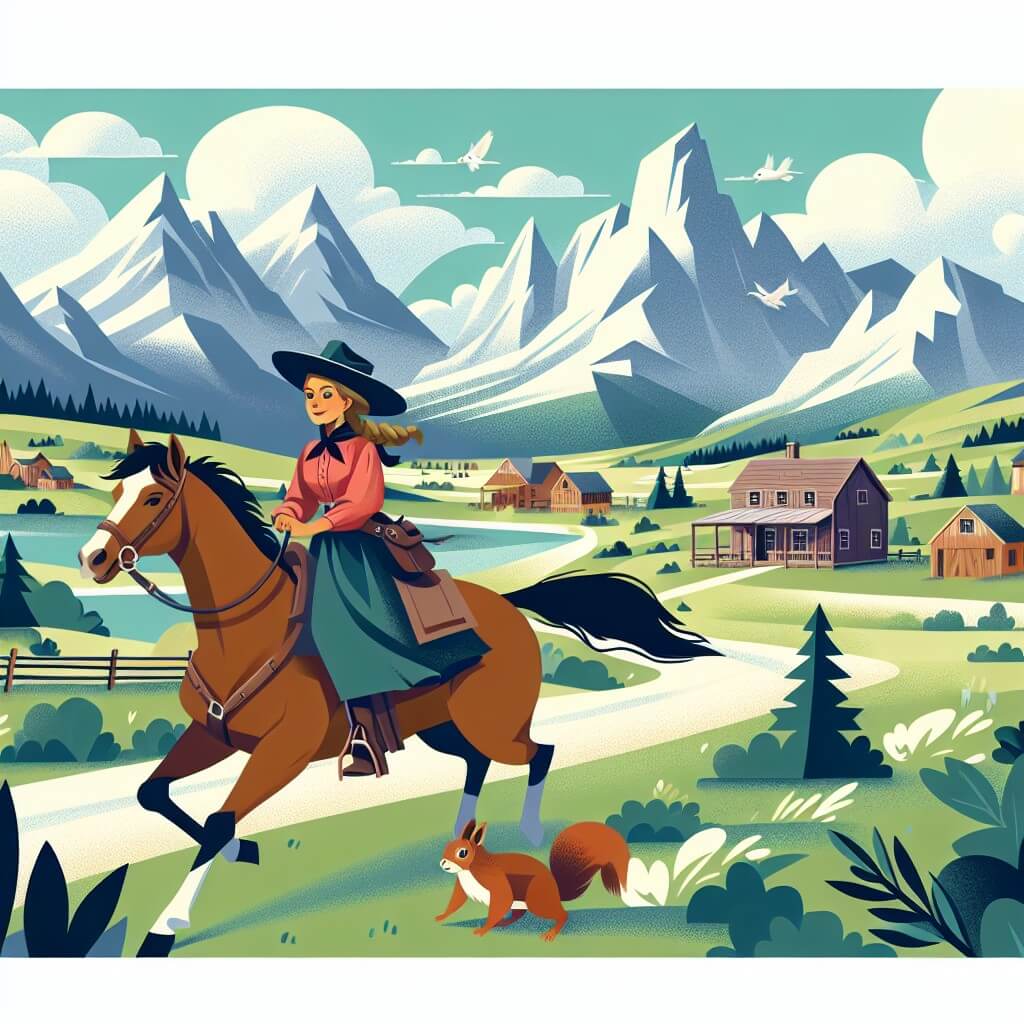 Une illustration destinée aux enfants représentant une cowgirl intrépide, chevauchant son fidèle destrier à travers les vastes plaines du Far West, accompagnée d'un adorable petit écureuil, dans un paisible village entouré de montagnes majestueuses et de prairies verdoyantes.