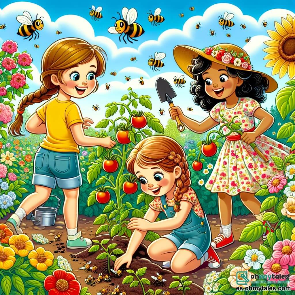 Ilustración que representa un hermoso huerto soleado, lleno de plantas de tomate con hojas verdes brillantes y flores coloridas que bailan suavemente con la brisa. En primer plano, tres niñas de unos 10 años están en plena acción: una, con cabello castaño y trenzas, lleva una camiseta amarilla y un short de mezclilla, se inclina para plantar semillas con una gran sonrisa. La segunda, con cabello rubio y rizado, vestida con un vestido de flores, observa atentamente a las abejas que polinizan las flores. La tercera, con cabello negro y una gorra roja, sostiene una pequeña pala y mira con entusiasmo el trabajo realizado. En el fondo, las abejas zumban alegremente, mientras que el cielo azul está salpicado de algunas nubes blancas. La atmósfera es alegre y llena de vida, ilustrando la armonía entre los niños y la naturaleza, y su compromiso de proteger el medio ambiente.