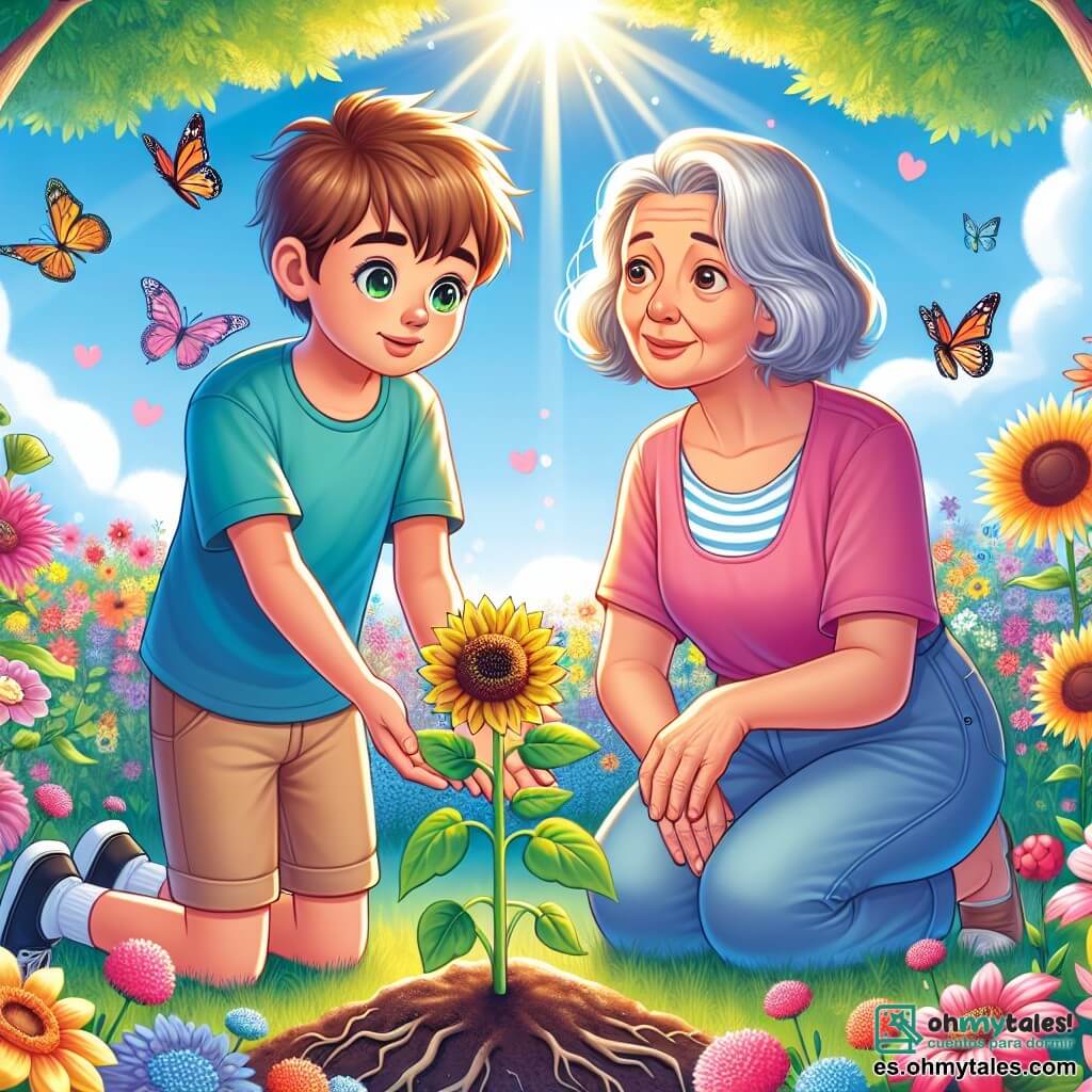 Ilustración que representa un jardín en plena floración, lleno de flores coloridas y grandes árboles de hojas verdes. En el centro, un niño de 9 años, con cabello castaño y ojos brillantes, está agachado cerca de una pequeña maceta que contiene un brote joven de girasol. Lleva una camiseta azul y un pantalón corto beige, y su rostro expresa curiosidad y asombro. A su lado, una mujer de mediana edad, con cabello plateado y una sonrisa suave, se encuentra de pie, con las manos en las caderas, observando al niño con ternura. La escena irradia una atmósfera cálida y pacífica, simbolizando el vínculo entre generaciones. Al fondo, mariposas coloridas vuelan alrededor de las flores, y el sol brilla en un cielo azul claro, añadiendo un toque de magia a este momento de compartir y recordar.