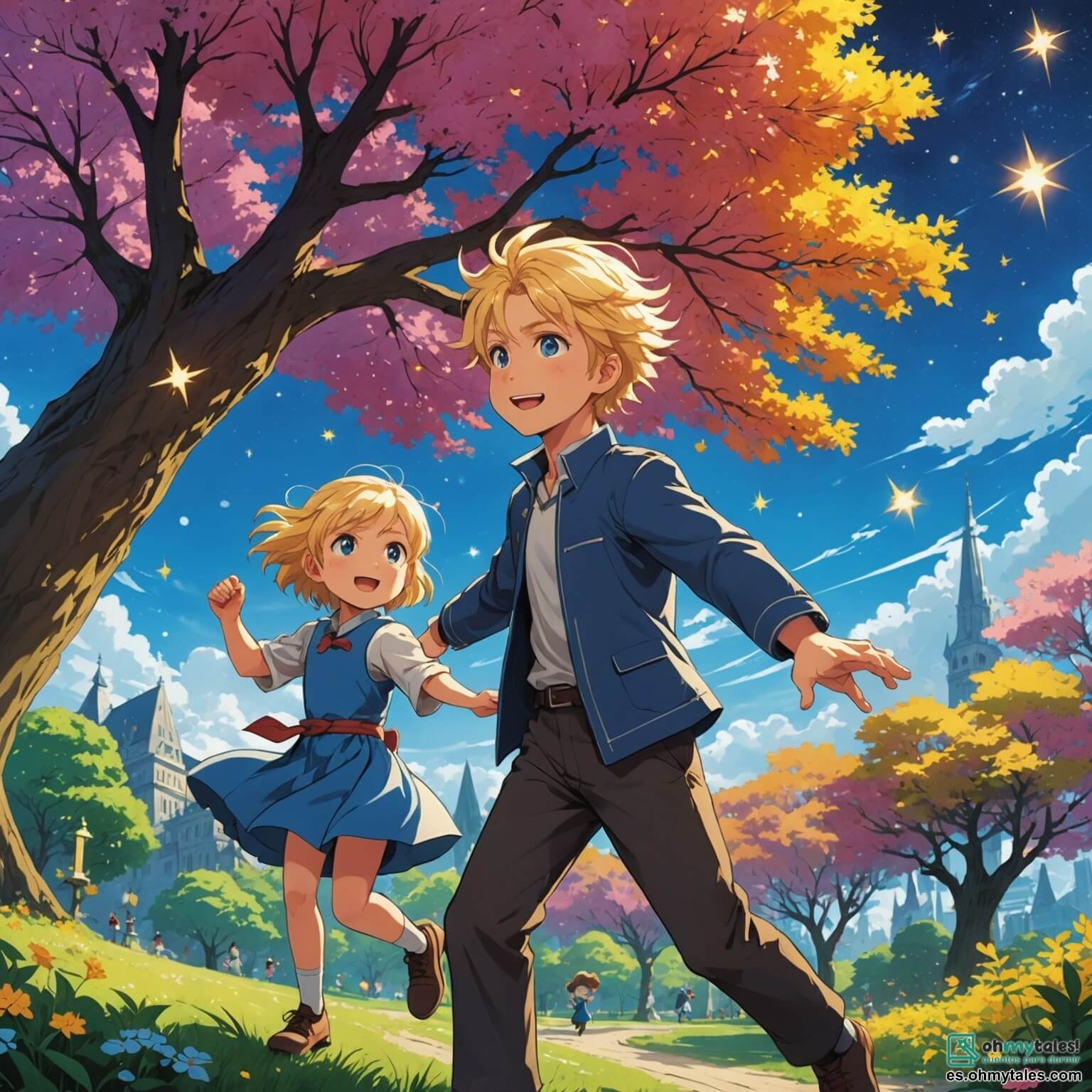 Une illustration destinée aux enfants représentant un homme aux yeux étincelants comme des étoiles, capable de contrôler la lumière et de voler dans le ciel azur, se battant vaillamment contre un vilain qui aspire l'obscurité, tandis qu'une petite fille aux cheveux dorés, au visage empreint d'espoir, l'encourage depuis le parc coloré de Brilloville, où les arbres majestueux se dressent comme des géants, les fleurs dansent au gré du vent et les rivières scintillent sous le soleil éclatant.