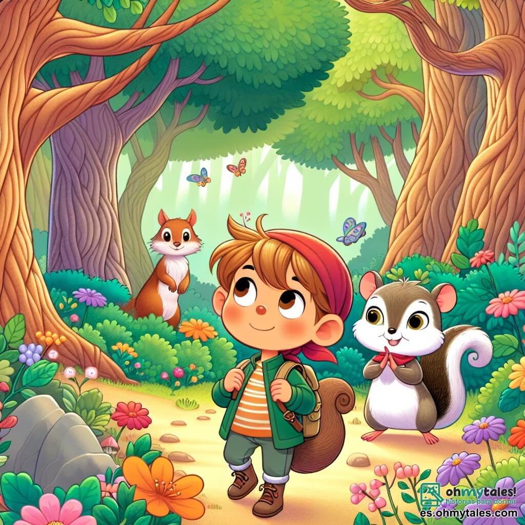 Une illustration destinée aux enfants représentant une petite souris fille, courageuse et curieuse, accompagnée d'un écureuil garçon, planifiant une aventure pour sauver le bosque enchanté aux arbres majestueux et aux fleurs multicolores.