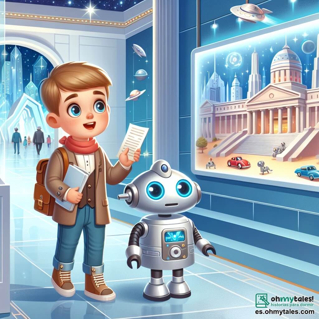 Une illustration destinée aux enfants représentant un garçon curieux explorant un musée de la science et de la technologie, accompagné d'un robot amical aux yeux brillants, dans une ville futuriste aux bâtiments scintillants et aux voitures volantes.