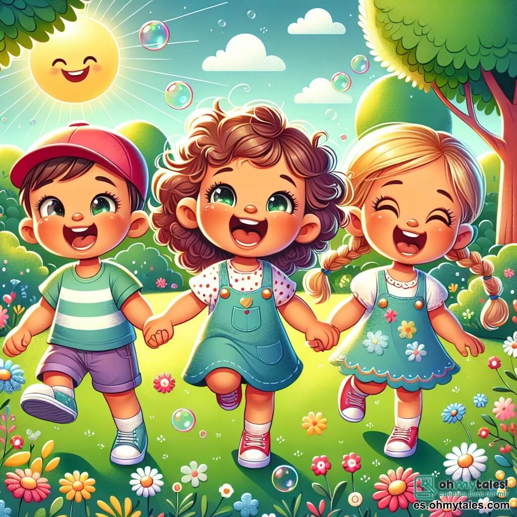 Une illustration sous forme de dessin destinée aux enfants représentant un parc ensoleillé avec des arbres verdoyants et des fleurs colorées, où une petite fille de 1 an aux cheveux bouclés et aux yeux pétillants rit en jouant sur l'herbe, entourée de deux amis : un garçon joyeux portant une gorra rouge qui sourit et une fille avec des trenzas et un joli vêtement bleu qui éclate de rire, tous les trois se tenant par la main, prêts à faire une course amusante, avec des éclats de rire et des bulles de joie flottant autour d'eux.