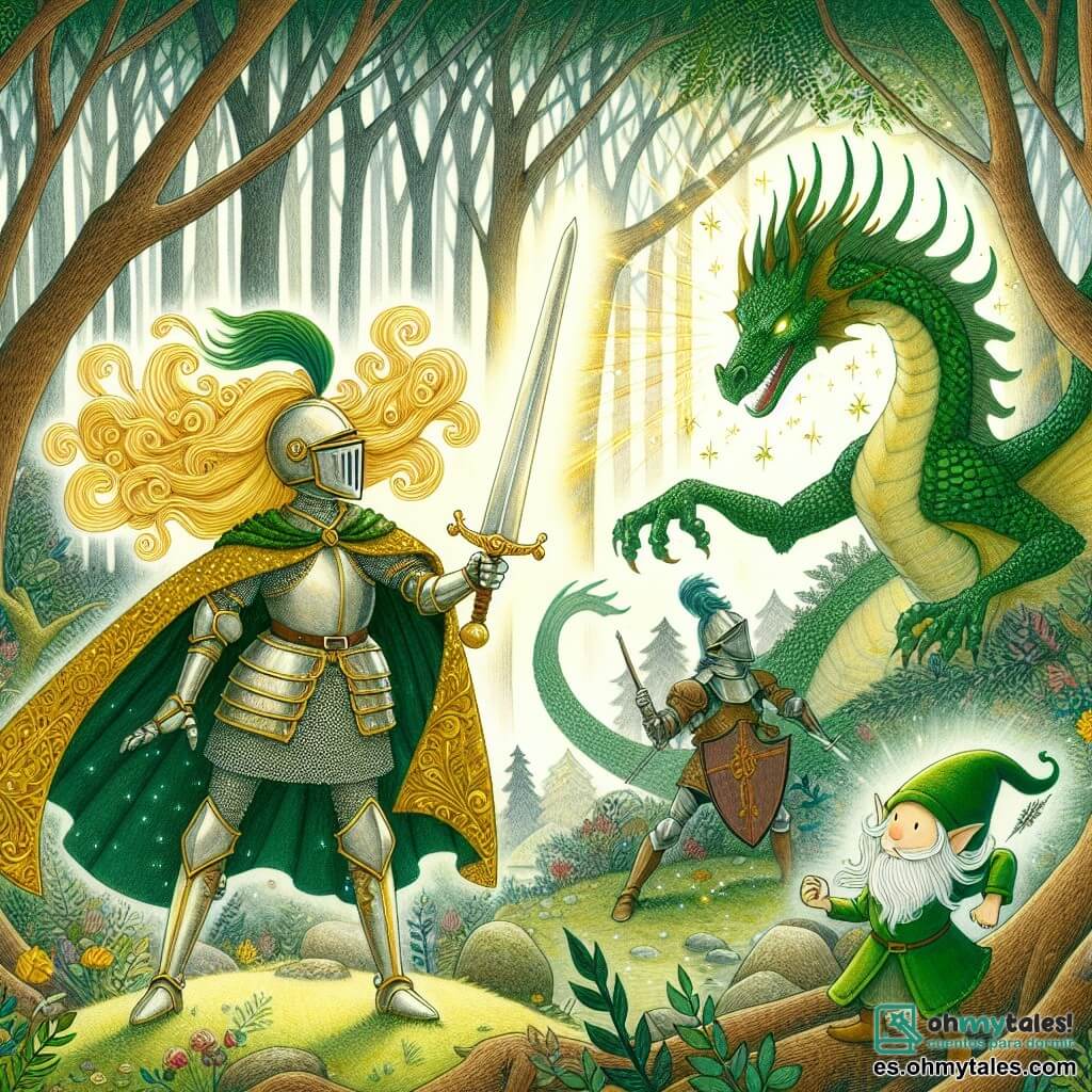 Une illustration sous forme de dessin destinée aux enfants représentant un vaste et enchanteur Bosque Encantado, où une courageuse chevaleresse aux longs cheveux dorés et à l'armure étincelante se tient fièrement avec son épée levée, prête à affronter un dragon aux écailles vertes et aux yeux brillants, tandis qu'un petit duende espiègle aux yeux pétillants et à la peau verdâtre observe la scène avec un sourire malicieux, capturant l'instant où la chevaleresse doit prouver sa bravoure face à la créature mythique pour obtenir le Cristal du Valor.
