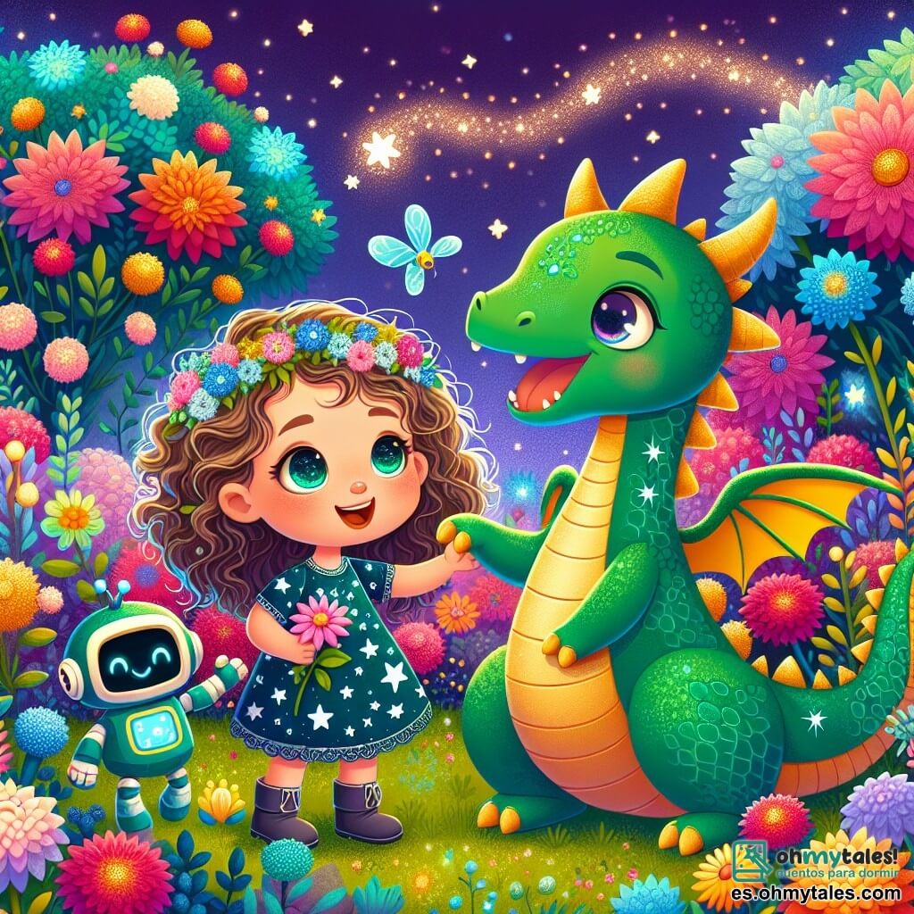 Une illustration sous forme de dessin destinée aux enfants représentant un vaste jardin coloré rempli de fleurs éclatantes, où une petite fille de 5 ans aux cheveux bouclés et aux yeux pétillants, vêtue d'une robe à motifs d'étoiles, sourit joyeusement en tenant la main d'un dragon vert aux écailles brillantes et aux yeux doux, tandis qu'un petit robot aux lumières scintillantes flotte à leurs côtés, le tout dans une atmosphère magique où ils s'apprêtent à jouer ensemble, symbolisant l'amitié et l'aventure dans un voyage dans le temps.