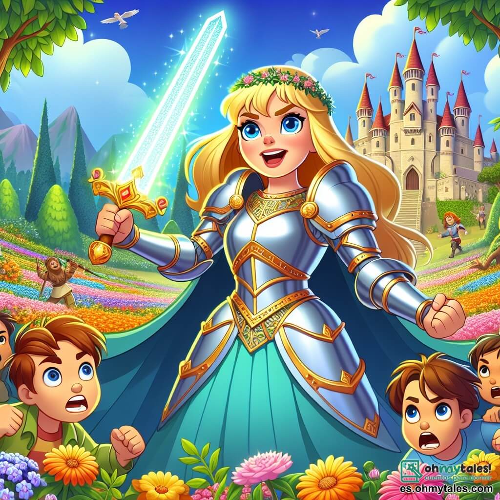 Une illustration sous forme de dessin destinée aux enfants représentant un vaste jardin verdoyant du château, avec des fleurs colorées et des arbres majestueux, où une courageuse chevaleresse aux cheveux dorés et aux yeux bleus, vêtue d'une armure étincelante, brandit une épée lumineuse pour défendre son royaume, tandis qu'un groupe d'enfants, aux visages inquiets mais déterminés, l'entoure, prêts à l'aider à repousser les malveillants assaillants qui approchent à l'horizon, créant une atmosphère de bravoure et d'unité.