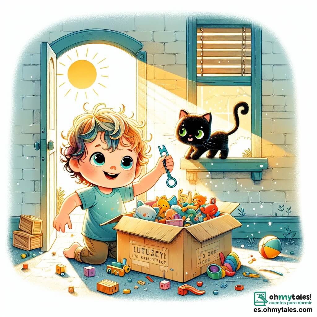 Une illustration sous forme de dessin destinée aux enfants représentant une vieille maison au charme mystérieux, avec un garçon de 2 ans aux cheveux bouclés et aux yeux pétillants, qui explore une grande boîte remplie de jouets colorés, tandis qu'un petit chat noir aux yeux verts, curieux et espiègle, saute joyeusement à l'intérieur de la boîte, le tout baigné par la lumière d'un jour ensoleillé qui filtre à travers les fenêtres poussiéreuses.
