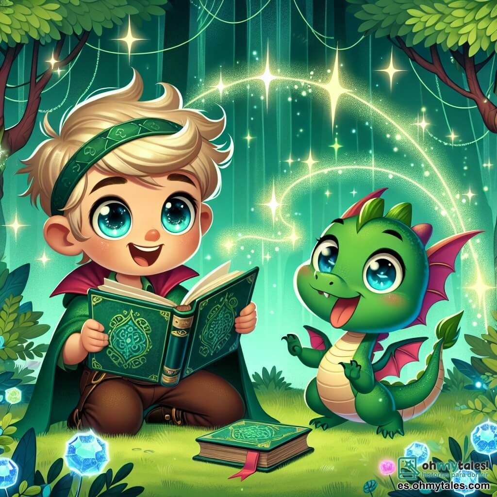 Une illustration destinée aux enfants représentant un jeune apprenti sorcier aux yeux pétillants découvrant un mystérieux grimoire magique, accompagné d'un petit dragon joueur aux écailles chatoyantes, dans la forêt enchantée d'Emeraude aux arbres dansants et aux fleurs lumineuses.