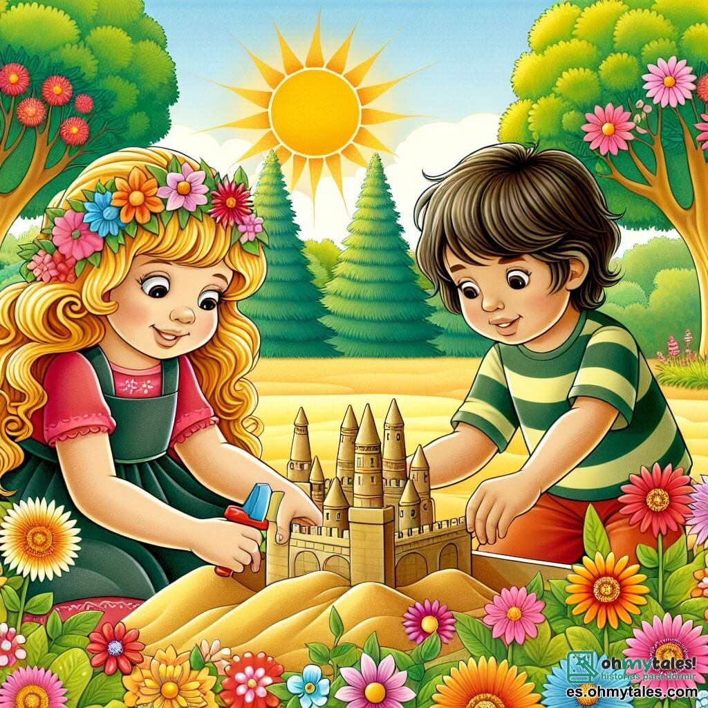 Une illustration destinée aux enfants représentant une fillette aux rizos dorados jouant avec une autre enfant aux cheveux sombres, construisant un château de sable dans un parc ensoleillé rempli de fleurs colorées et d'arbres majestueux.
