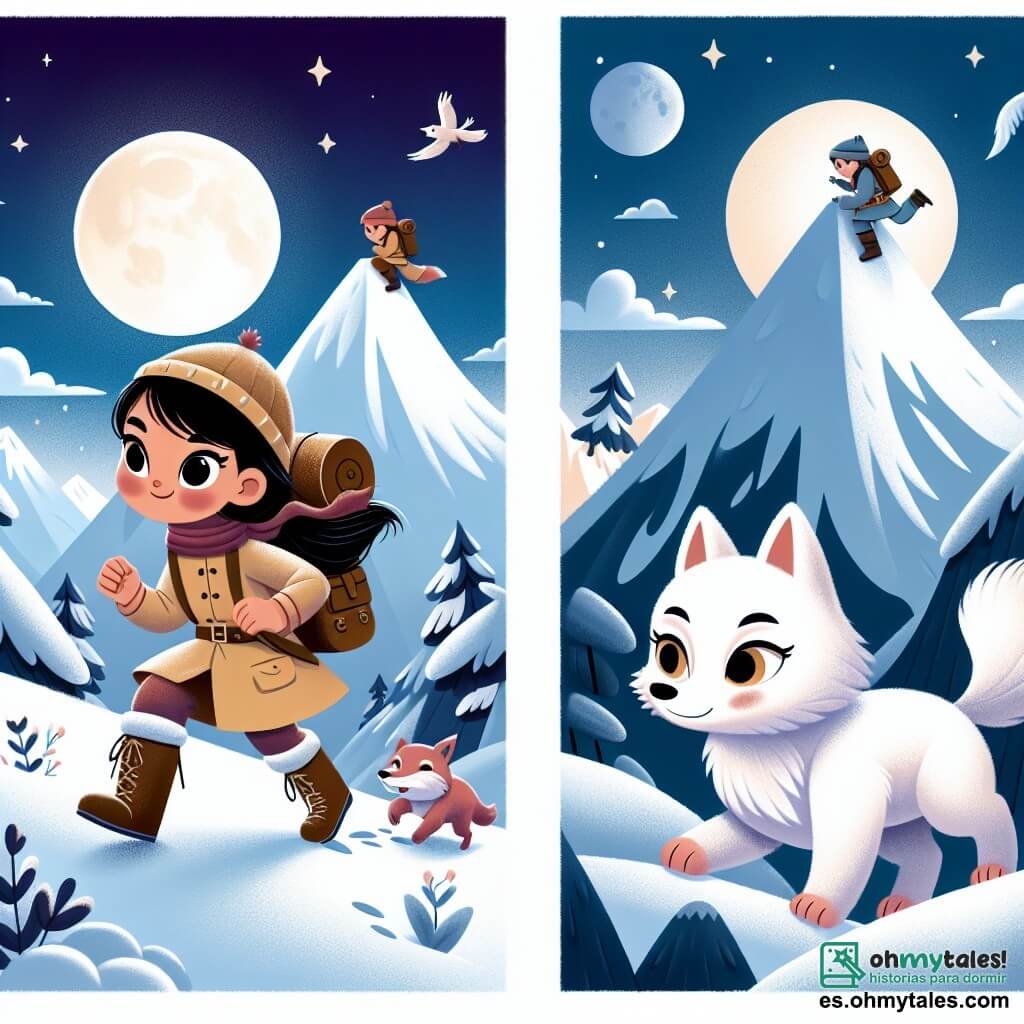 Une illustration destinée aux enfants représentant une jeune fille exploratrice courageuse, accompagnée d'un zorro blanc malicieux, escaladant la Montagne de la Lune, un lieu mystérieux et enneigé.