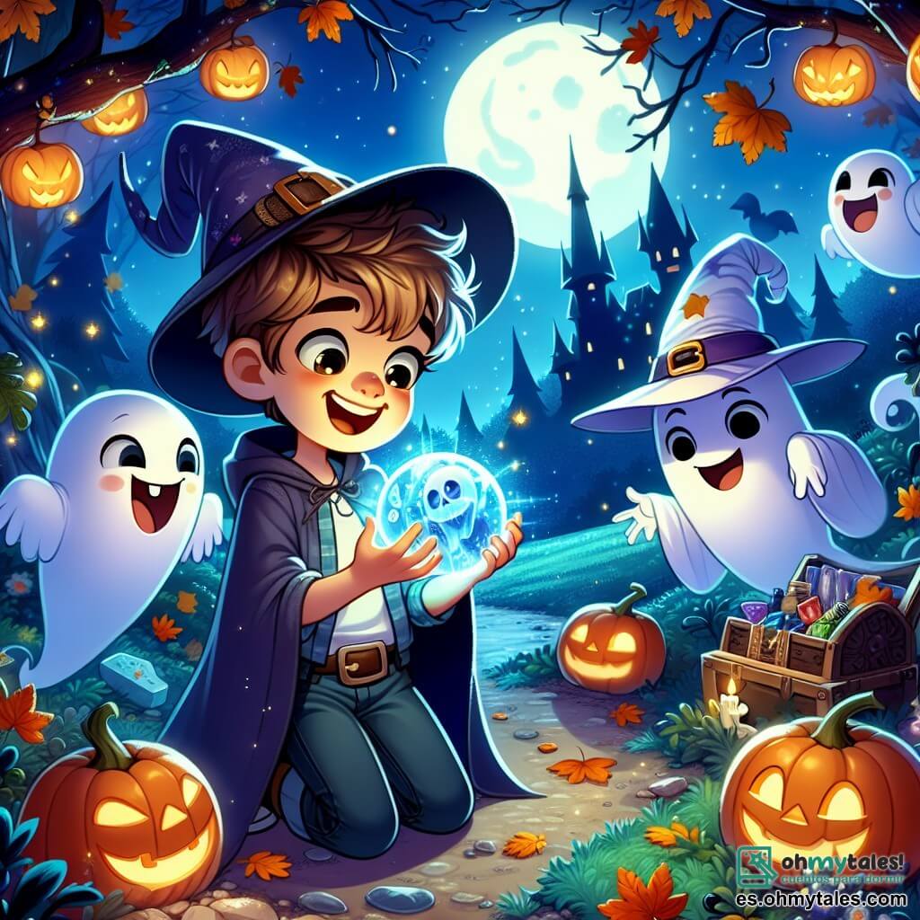 Une illustration sous forme de dessin destinée aux enfants représentant un clair de lune mystérieux dans un forêt enchantée, où un garçon de 11 ans avec des cheveux ébouriffés et une grande sourire examine une sphère de cristal brillante, entouré de deux fantômes amicaux : un petit fantôme avec un chapeau de sorcier et un autre plus grand avec un sourire espiègle, tandis qu'ils se préparent à vivre une aventure magique d'Halloween, avec des calabasses illuminées et des feuilles d'automne tourbillonnantes autour d'eux.