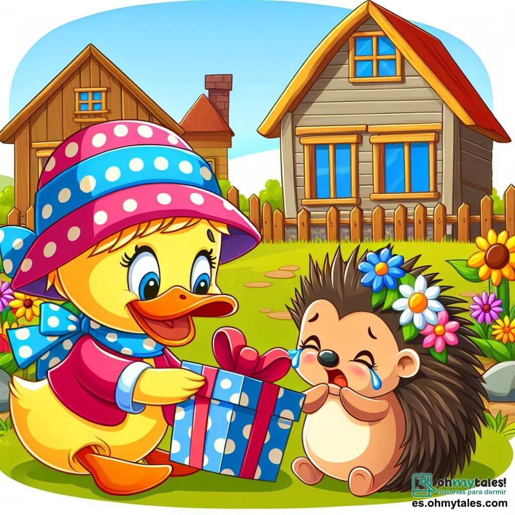 Une illustration destinée aux enfants représentant un canard joyeux portant un chapeau coloré, découvrant un cadeau mystérieux avec l'aide d'un hérisson pleurant, dans un petit village champêtre avec des maisons en bois et des fleurs multicolores.