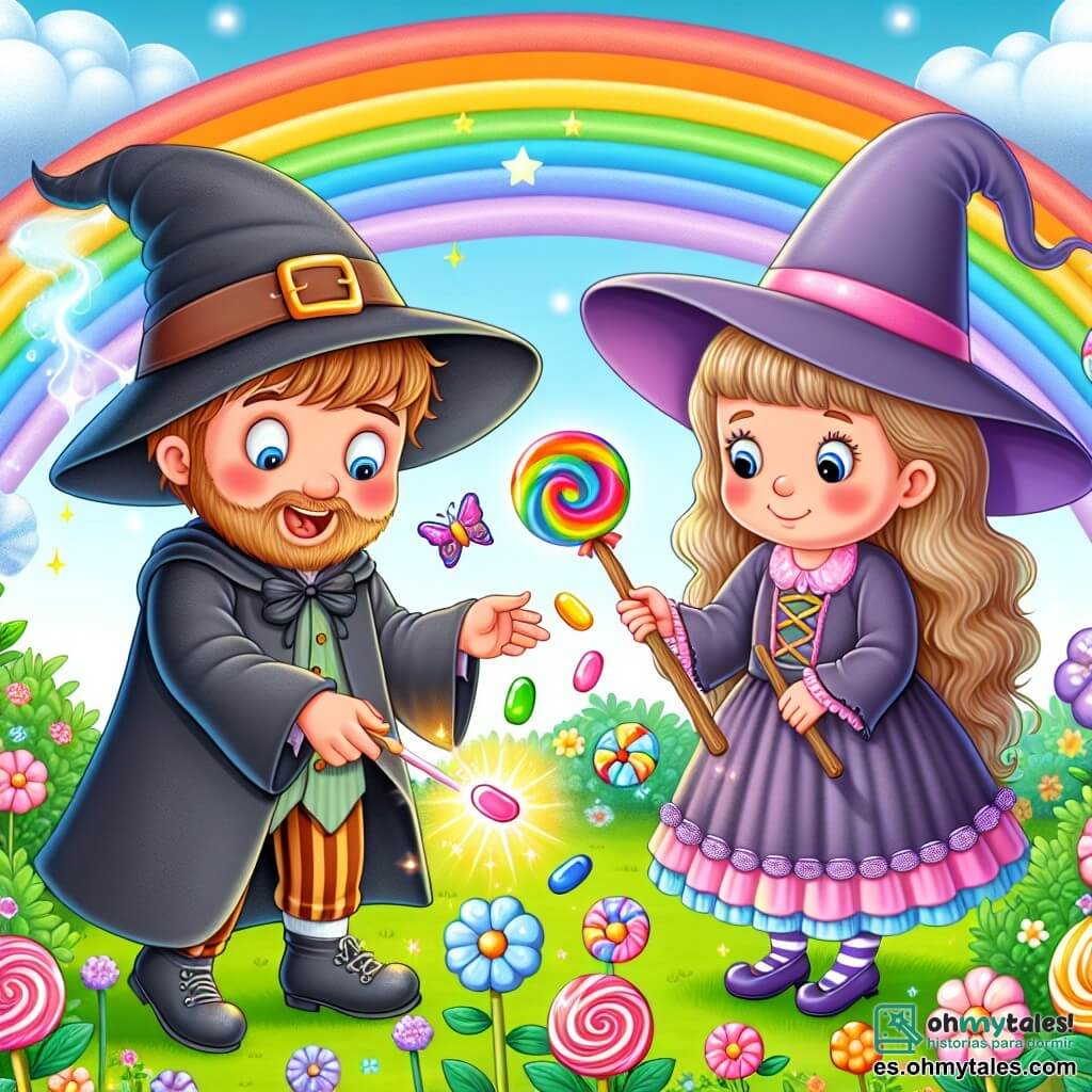 Une illustration destinée aux enfants représentant un sorcier maladroit déclenchant un hechizo malicieux, accompagné d'une sorcière bienveillante, dans un jardin enchanté rempli de fleurs en bonbons et d'arc-en-ciel.