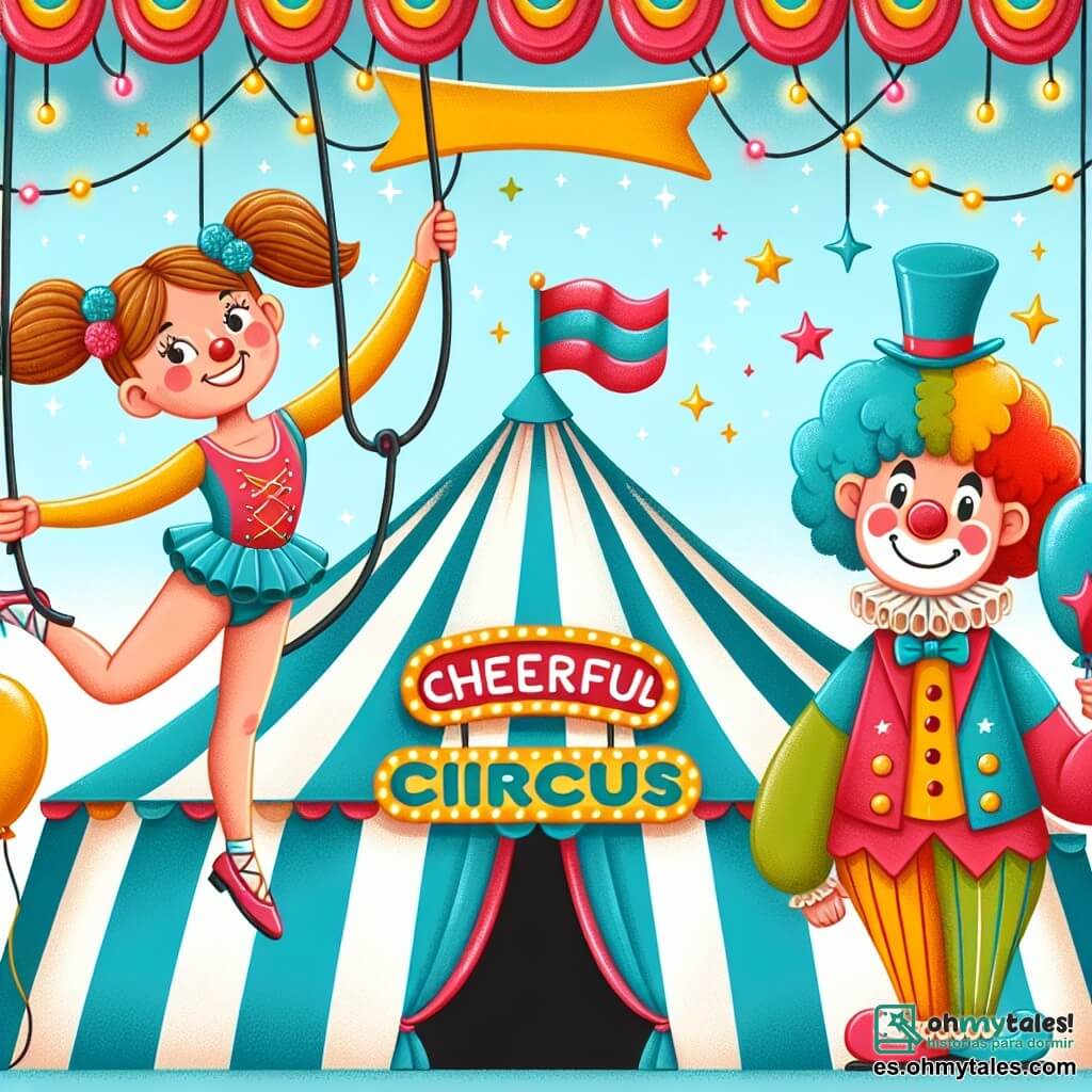 Une illustration destinée aux enfants représentant une jeune acrobate intrépide sur un trapecio, accompagnée d'un joyeux clown aux cheveux multicolores, évoluant sous le grand chapiteau du "Circo Risueño" décoré de guirlandes scintillantes et de ballons colorés.