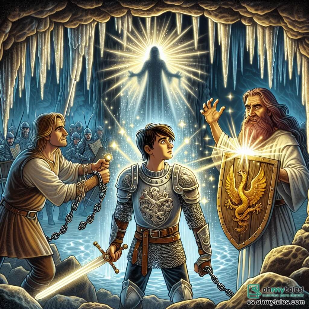 Ilustración que representa una escena épica en una cueva oscura y misteriosa, donde estalactitas brillan como diamantes en el techo y sombras bailan en las paredes. En el centro, un joven caballero, un chico de unos 20 años, lleva una armadura brillante adornada con motivos de dragones, con un escudo de madera decorado con símbolos antiguos. Empuña una espada reluciente, su rostro determinado y valiente, listo para enfrentar las tinieblas que lo rodean. A su lado, otro personaje, un hombre de unos treinta años, con barba roja y ojos penetrantes, está deshaciendo cadenas que mantienen a otro caballero, una joven de unos 18 años, con cabello largo y rubio, vestida con una armadura ligera. Ella mira al joven caballero con admiración y esperanza, lista para luchar a su lado. La situación principal muestra al joven caballero enfrentándose a una sombra amenazante que se eleva detrás de él, simbolizando el peligro inminente. Destellos de luz emanan del Corazón de la Eternidad, colocado en un pedestal, iluminando la escena con un resplandor dorado. Criaturas oscuras se esconden en los rincones de la cueva, listas para atacar, añadiendo una tensión palpable a la ilustración.