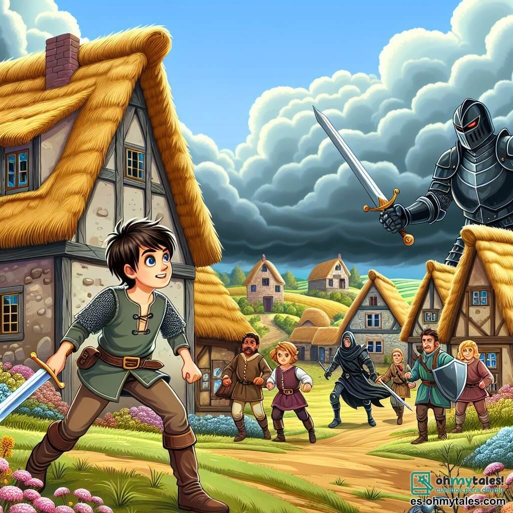 Une illustration sous forme de dessin destinée aux enfants représentant un village médiéval pittoresque, avec des maisons en pierre aux toits de chaume et des champs fleuris en arrière-plan, où un jeune homme aux cheveux sombres et aux yeux brillants, vêtu d'une armure simple, brandit courageusement une épée tout en faisant face à un chevalier en armure noire, menaçant, tandis qu'un groupe de villageois, hommes et femmes aux expressions déterminées, se rassemble derrière lui, prêt à défendre leur foyer contre un roi tyrannique qui approche à l'horizon, le ciel orageux ajoutant une atmosphère de tension à cette scène héroïque.
