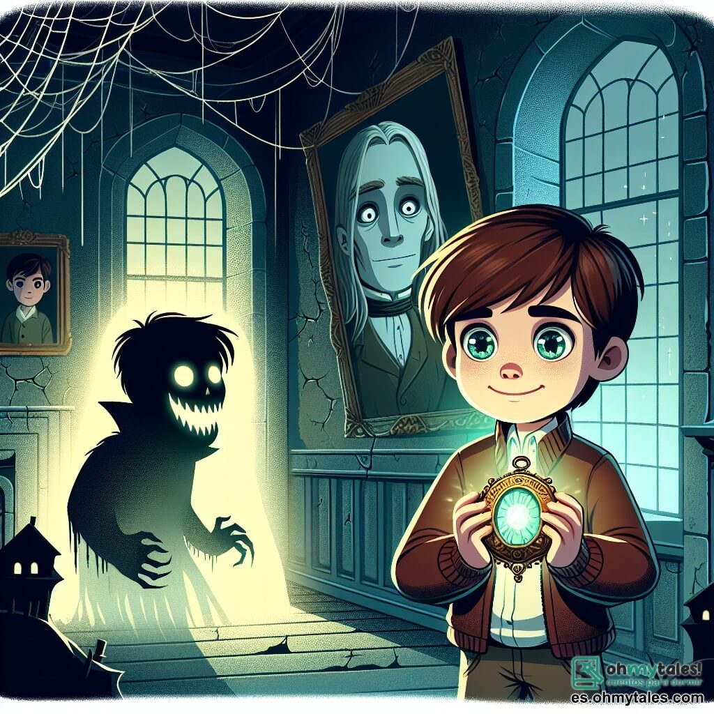 Une illustration sous forme de dessin destinée aux enfants représentant l'intérieur d'une ancienne mansión abandonnée, aux murs couverts de toiles d'araignées et de portraits aux yeux vides, où un garçon de 11 ans, aux cheveux châtains et aux yeux brillants, tient un médaillon lumineux qui émet une douce lumière verte, tandis qu'à ses côtés se tient une silhouette éthérée d'un autre garçon, pâle et aux yeux tristes, qui semble l'encourager à affronter une ombre menaçante qui se profile dans l'obscurité, créant une atmosphère à la fois mystérieuse et effrayante, symbolisant le courage face à la peur.