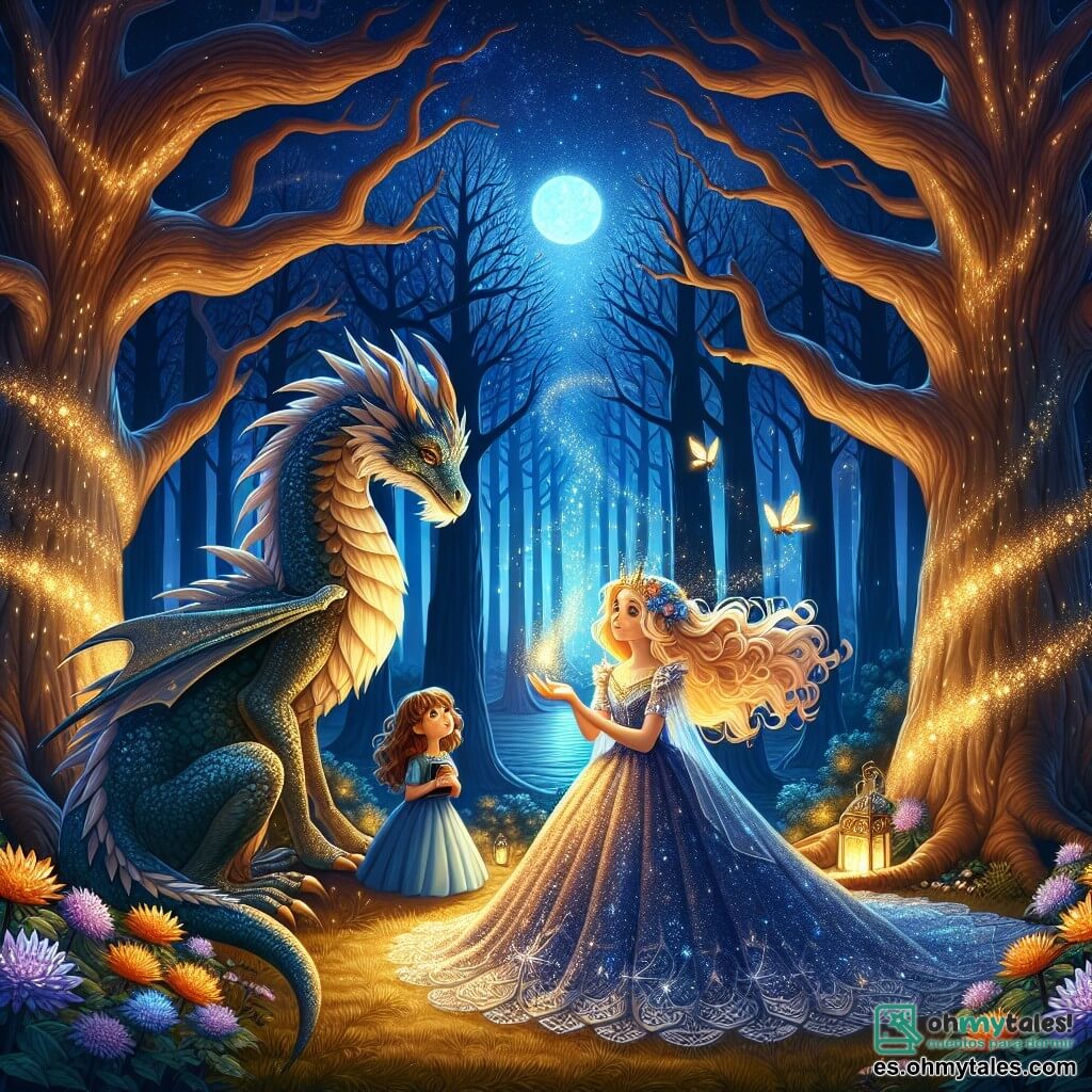 Ilustración que representa una mágica luz de luna en el corazón de un bosque encantado, donde grandes árboles de troncos retorcidos se elevan hacia un cielo estrellado, iluminado por luciérnagas danzando alrededor de flores brillantes. En el centro de la escena, una princesa de unos diez años, con largos cabellos dorados flotando como rayos de sol, lleva un vestido brillante en tonos de azul y plata. Está de rodillas, extendiendo la mano hacia un majestuoso dragón de escamas brillantes, cuyos ojos expresan una profunda tristeza. A su lado, una joven de su edad, con cabello castaño y ojos chispeantes, observa con admiración, sosteniendo un pequeño libro de cuentos. La princesa, llena de compasión, canta una dulce melodía para calmar al dragón, mientras destellos de luz emanan del corazón de la criatura, simbolizando la magia de la redención. En el fondo, sombras misteriosas se dibujan, evocando los desafíos a superar, mientras la luz del Corazón de Lúminia brilla intensamente, iluminando la escena con un resplandor cálido y reconfortante.