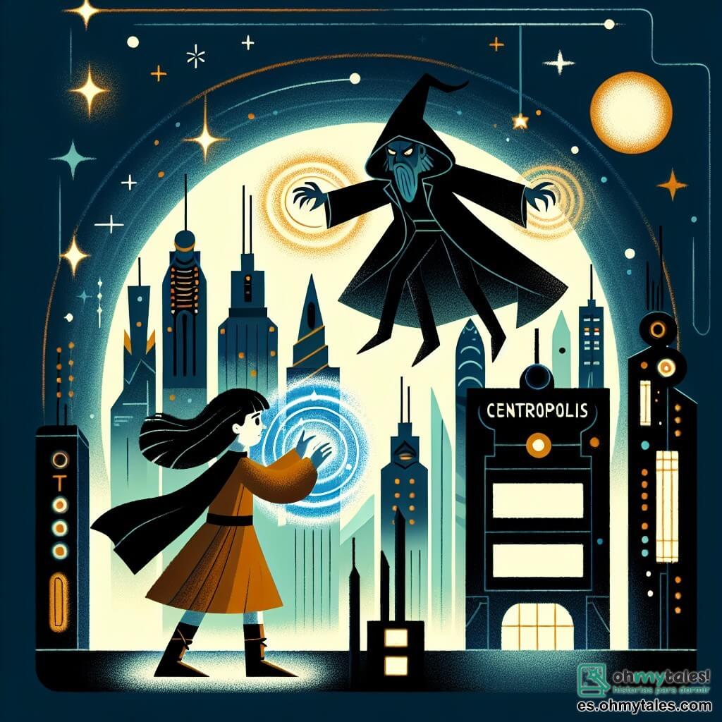 Une illustration destinée aux enfants représentant une jeune fille courageuse aux cheveux noirs comme la nuit, affrontant un vilain sorcier maléfique aux pouvoirs sombres, dans la cité futuriste de Centropólis, où les lumières électriques brillent comme des étoiles.