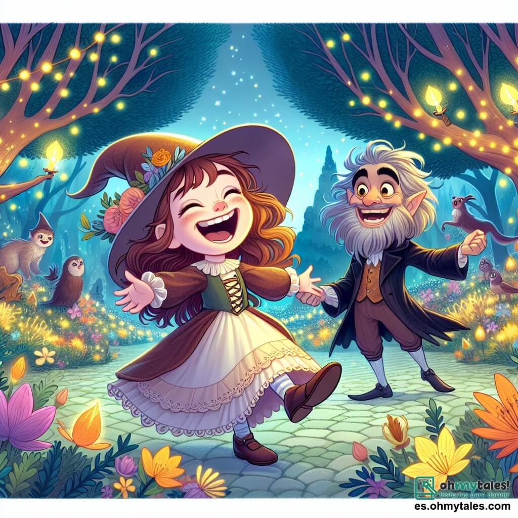 Une illustration destinée aux enfants représentant une apprentie sorcière aux cheveux ébouriffés, en train de rire aux éclats, accompagnée d'un joyeux duende, dans un bosquet enchanté rempli d'arbres majestueux, de fleurs lumineuses et de créatures magiques.