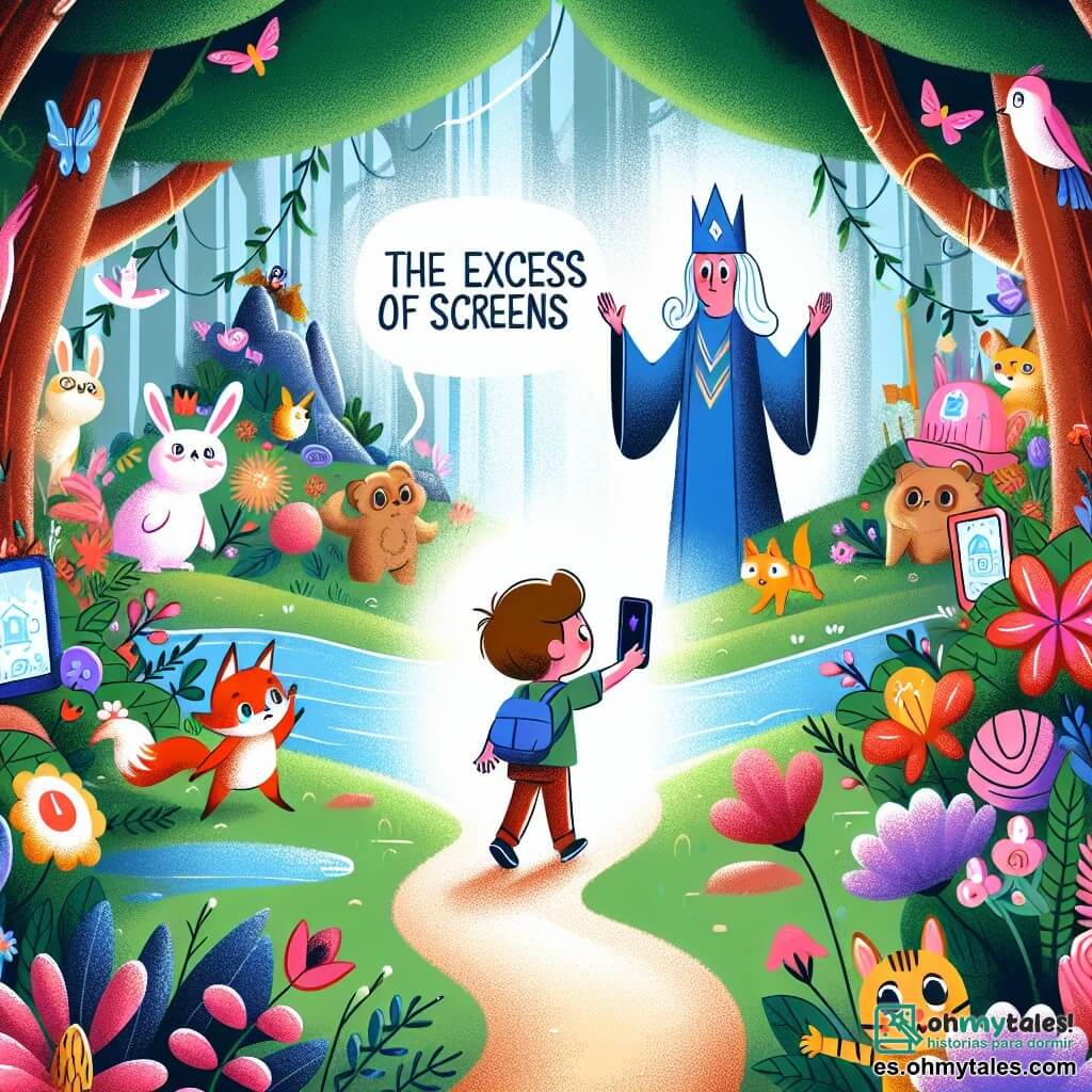 Une illustration destinée aux enfants représentant un jeune garçon curieux, confronté à l'excès d'écrans, découvrant un chemin secret dans un magnifique bois enchanté où il rencontre un gardien bienveillant entouré de fleurs colorées et d'animaux jouant joyeusement.