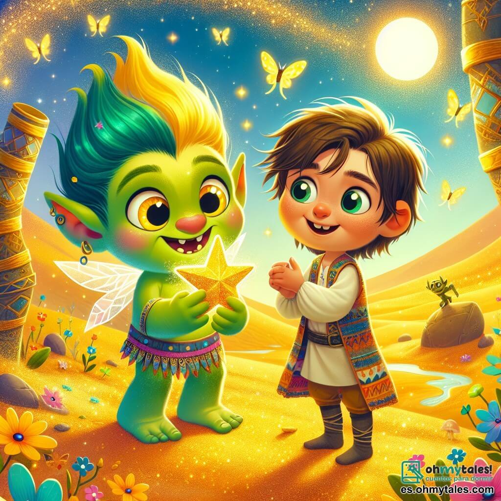 Une illustration sous forme de dessin destinée aux enfants représentant une oasis magique au cœur d'un désert doré, avec un troll aux yeux jaunes et à la peau verte brillante, souriant joyeusement tout en tenant une étoile dorée dans ses mains, et un garçon curieux aux cheveux bruns, vêtu d'une tunique colorée, s'approchant avec émerveillement, entourés de fleurs éclatantes et de mariposas dansant dans l'air, capturant l'instant où ils découvrent ensemble la magie de l'amitié.