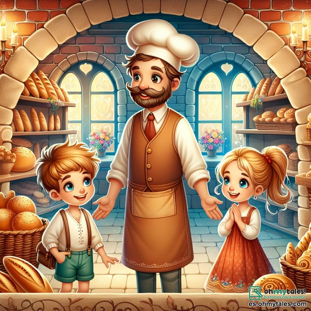 Une illustration destinée aux enfants représentant un boulanger chaleureux et souriant, un garçon et une fille curieux et enthousiastes, dans une panadería magique aux murs de briques rouges et aux étagères remplies de pains dorés et de gâteaux colorés, située dans le charmant village de Villa Aventura.