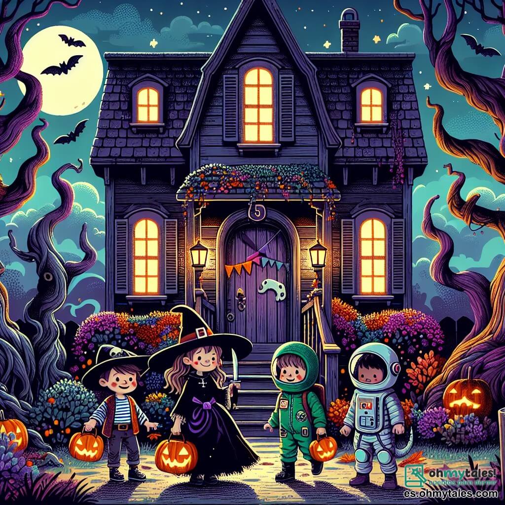 Ilustración que representa una vieja casa misteriosa al atardecer, rodeada de árboles con ramas torcidas y hojas de otoño coloridas. La fachada de la casa es de madera oscura, con ventanas de postigos chirriantes y una puerta de madera que parece lista para abrirse. En el jardín, cuatro niños están juntos: un niño de cinco años, vestido de pirata con un gran sombrero, un parche en el ojo y una espada de plástico, levantando su arma con una sonrisa valiente. A su lado, una niña de cinco años disfrazada de bruja, con un sombrero puntiagudo y un vestido negro, mira la casa con curiosidad. Otro niño de cinco años, vestido de astronauta con un casco brillante, parece un poco nervioso pero entusiasta, mientras que un último niño de cinco años, con un disfraz de dinosaurio verde, ríe alegremente. Los niños están a punto de entrar en la casa, iluminada por faroles naranjas y morados, creando una atmósfera mágica y ligeramente aterradora. Telarañas decoran las esquinas de la puerta, y calabazas con caras sonrientes están esparcidas a su alrededor. El aire está lleno de emoción y un ligero escalofrío, mientras se preparan para vivir una aventura inolvidable.