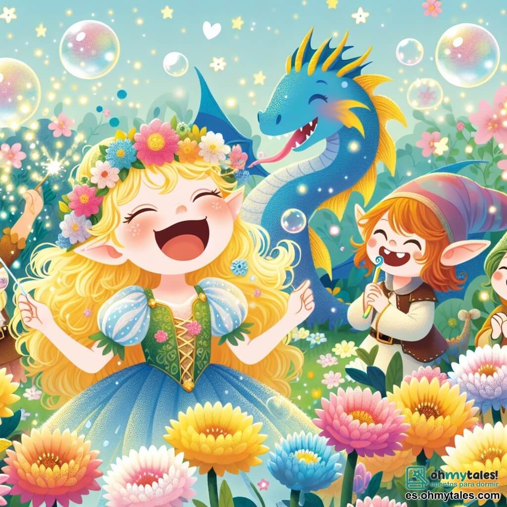 Illustration destinée aux enfants représentant un jardin enchanté, où les fleurs dansent au rythme d'une douce mélodie, leurs pétales scintillant comme des étoiles sous un ciel bleu pastel. Au centre, une princesse aux cheveux dorés, portant une robe faite de pétales colorés, rit joyeusement en écoutant un groupe de rires de créatures magiques. À ses côtés, un dragon aux écailles bleues et jaunes, lançant des bulles de chicle, et des duendes aux chapeaux pointus, riant et applaudissant. La scène capture l'instant où la princesse raconte un chiste, provoquant des éclats de rire contagieux, tandis que des éclats de lumière magique dansent autour d'eux, symbolisant la joie et l'amitié dans ce royaume enchanté.