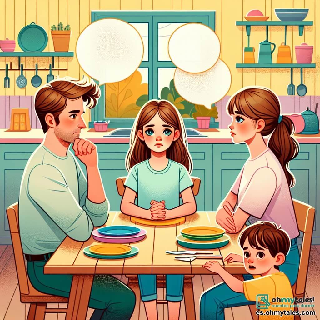 Ilustración que representa una escena en una cocina cálida y luminosa, con paredes pintadas de amarillo pastel y ventanas que dejan entrar la luz del sol. En la mesa de madera, se está preparando una comida familiar, con platos coloridos y cubiertos brillantes. En el centro de la imagen, una niña de 11 años, con largos cabellos castaños y ojos chispeantes, está sentada en una silla, con las manos sobre la mesa, con una expresión preocupada pero decidida. Lleva una camiseta azul claro y jeans, y su mirada está dirigida hacia sus padres, tratando de expresar sus sentimientos. A su lado, un niño de 6 años, con cabello castaño y mejillas redondas, mira a su hermana con ojos inocentes, sosteniendo un pequeño juguete en sus manos. Parece inquieto, sintiendo la tensión en el aire. La situación principal muestra a la niña hablando con sus padres, que están sentados al otro lado de la mesa, con expresiones serias y atentas. La madre, con cabello corto y una expresión suave, y el padre, con una barba ligera y mirada pensativa, escuchan a su hija con atención, mezclando preocupación y esperanza. Elementos gráficos adicionales incluyen burbujas de diálogo sobre los personajes, ilustrando palabras como "escucha" y "sentimientos", y corazones flotantes alrededor de la mesa, simbolizando el amor familiar a pesar de las tensiones.